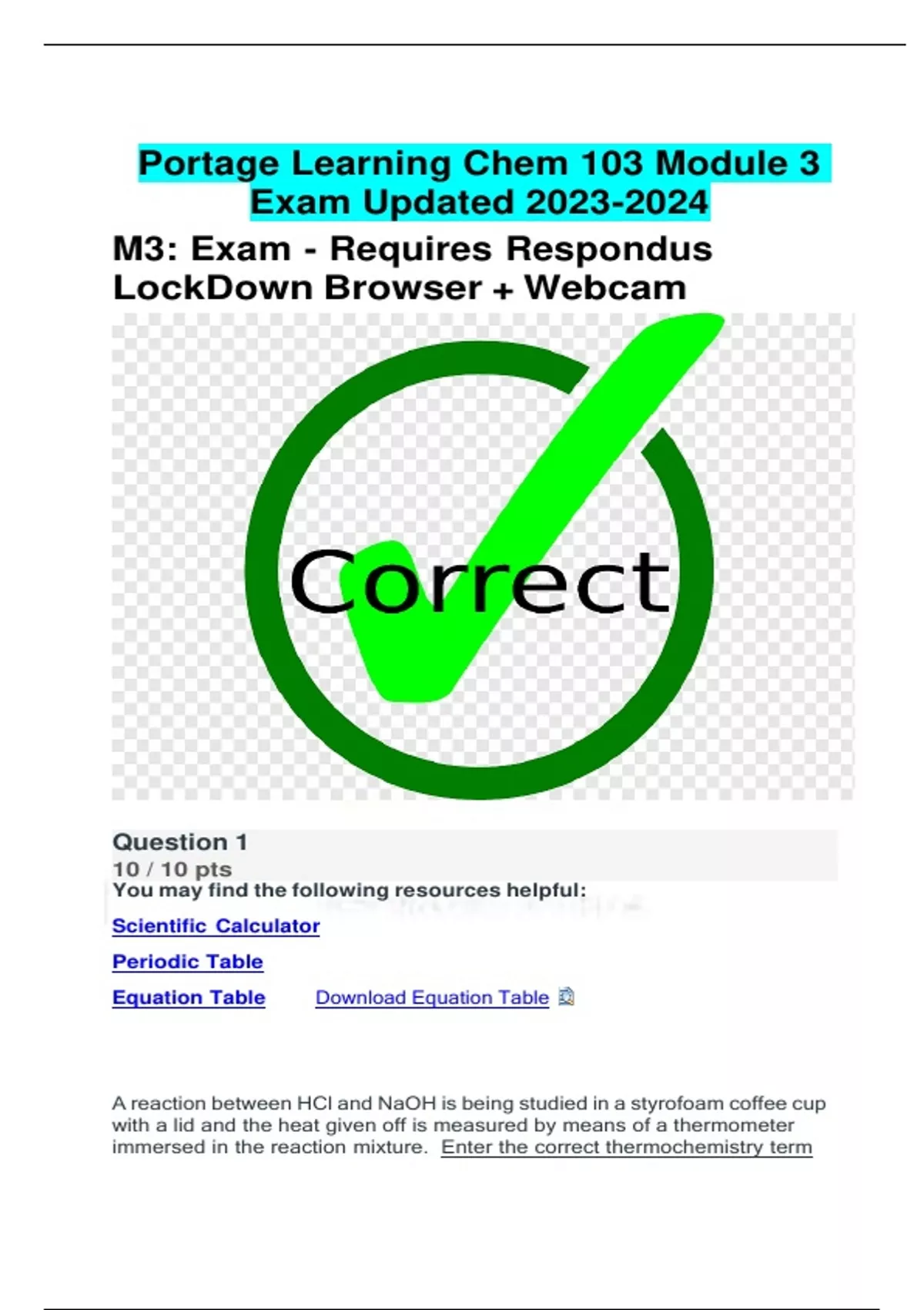 Portage Learning Chem 103 Module 3 Exam Updated M3 Exam Requires