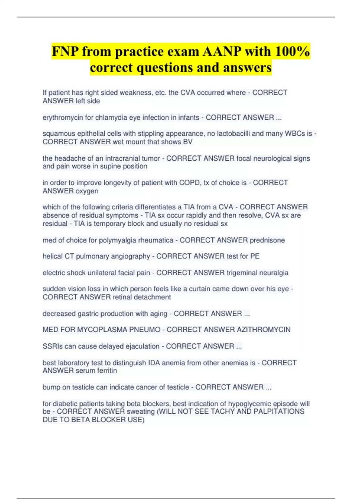 FNP from practice exam AANP with 100% correct questions and answers ...