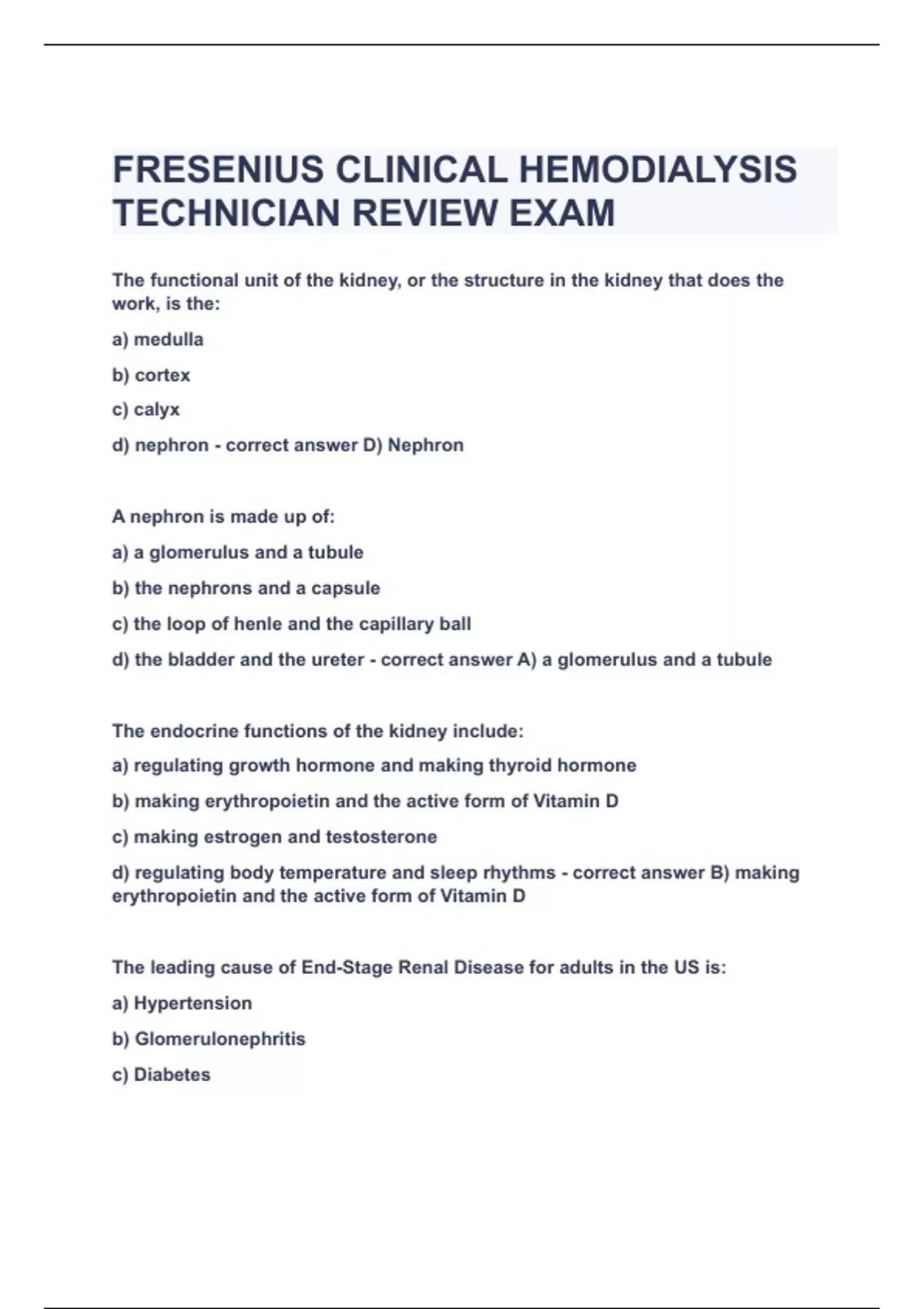 FRESENIUS CLINICAL HEMODIALYSIS TECHNICIAN REVIEW EXAMUPDATED&VERIFIED