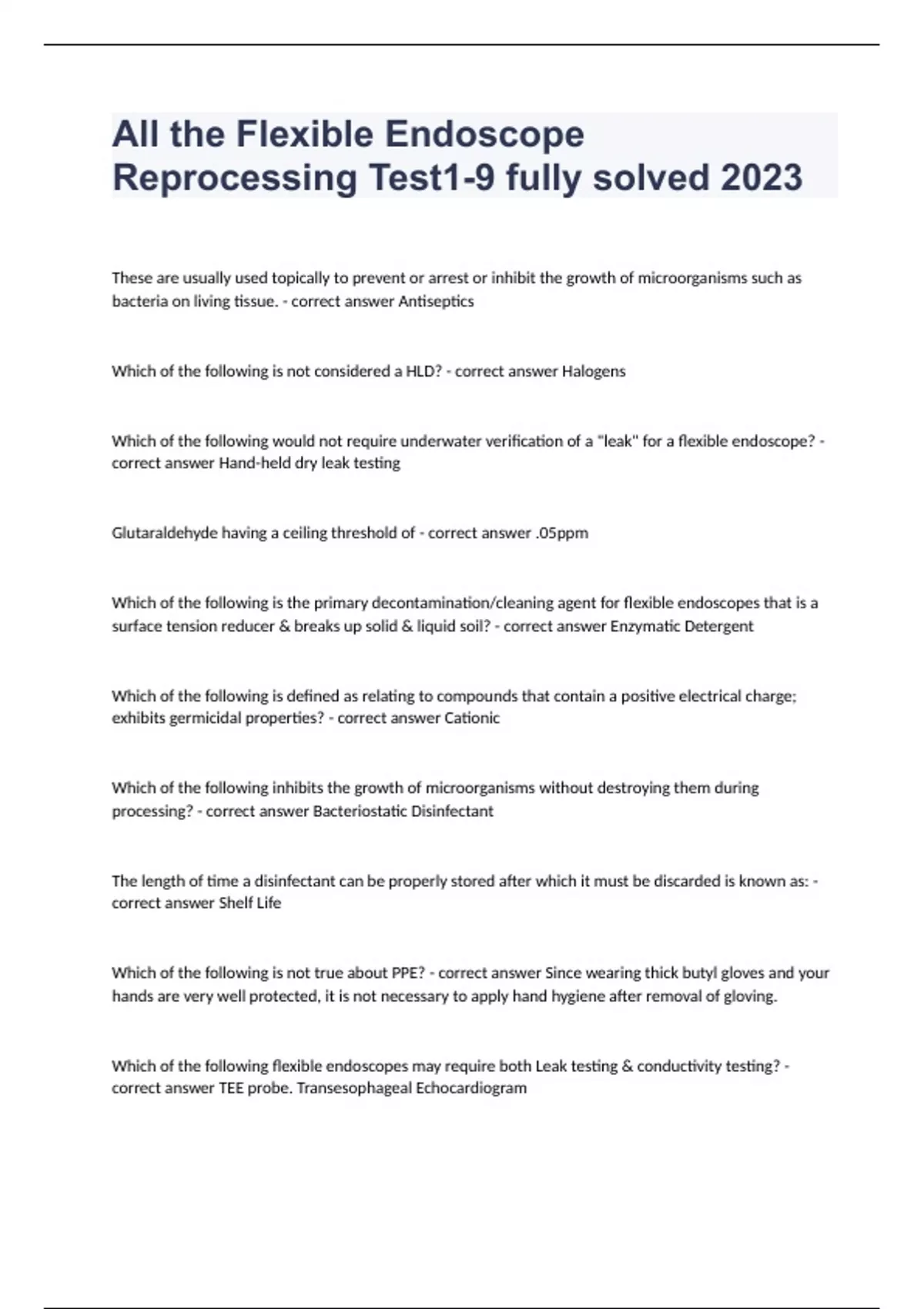 All the Flexible Endoscope Reprocessing Test19 fully solved 2023