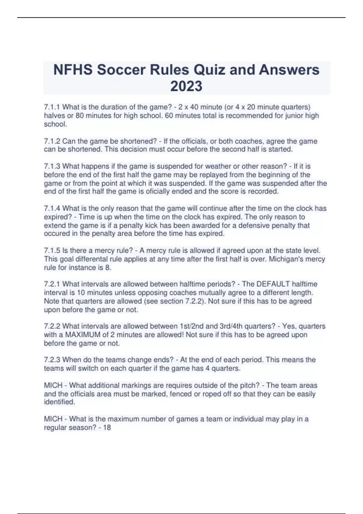 NFHS Soccer Rules Quiz and Answers 2023 NFHS Soccer Rules Stuvia US