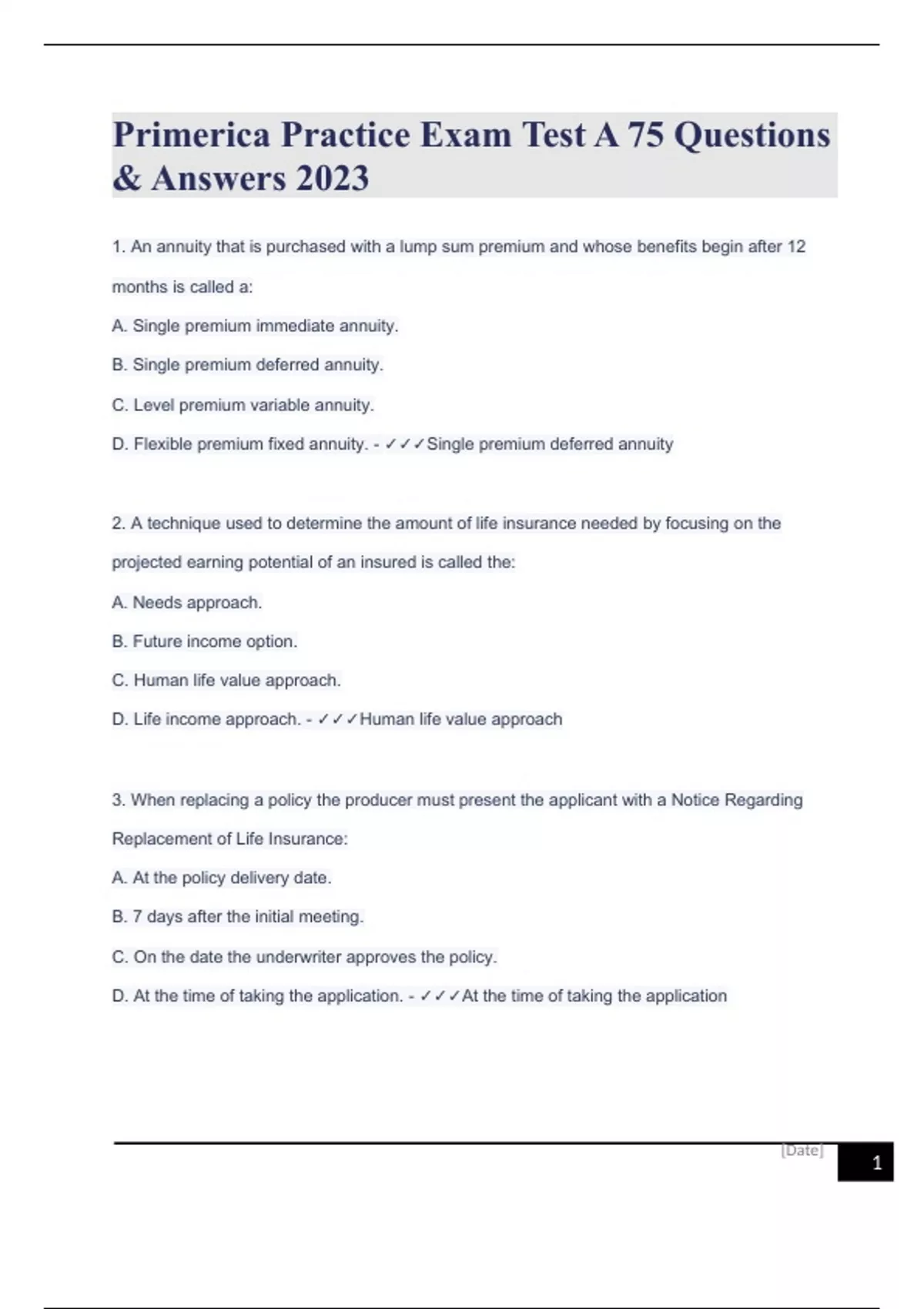 Primerica Practice Exam Test A 75 Questions & Answers 2023 Primerica