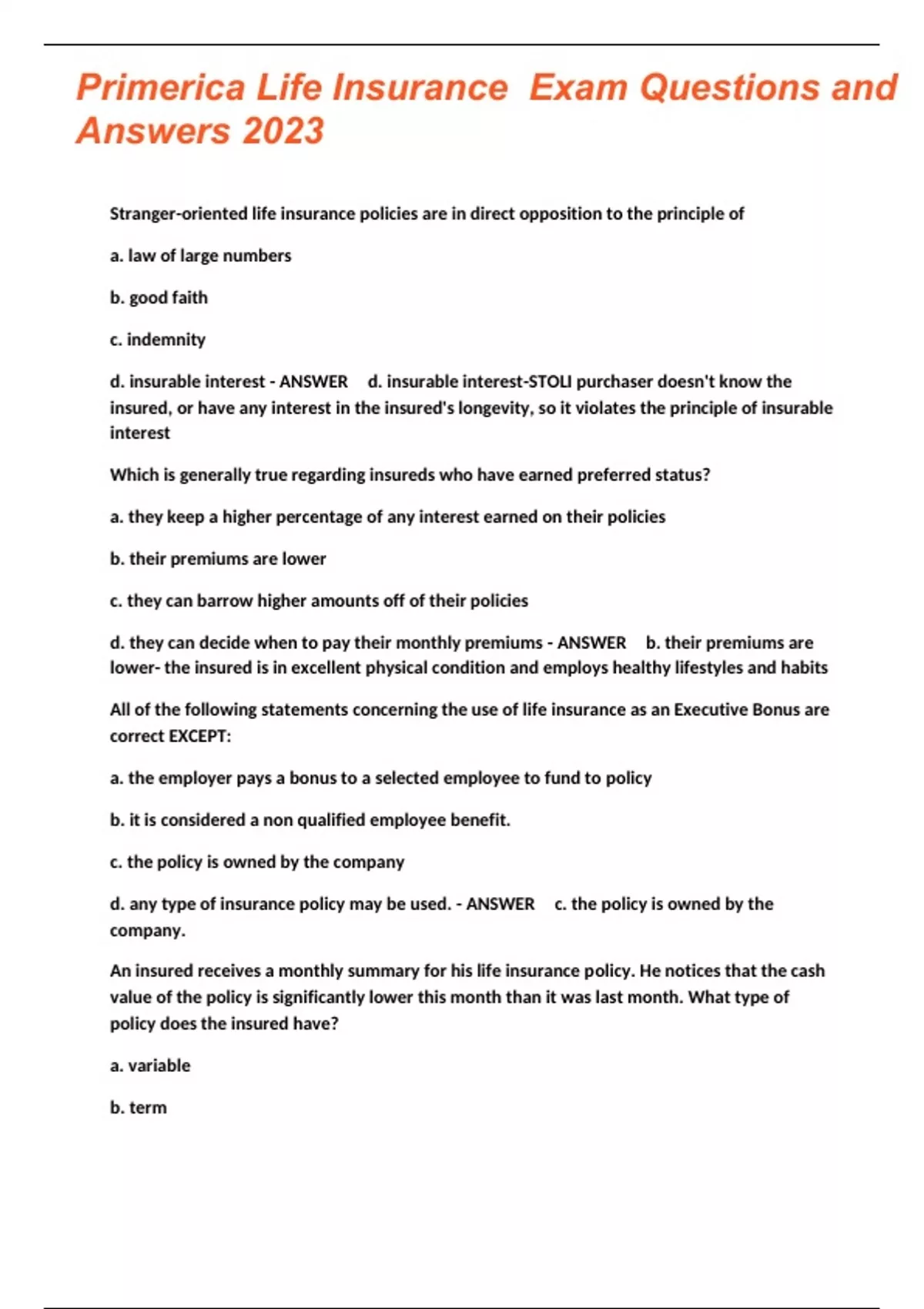 Primerica Life Insurance Exam Questions and Answers 2023 Primerica