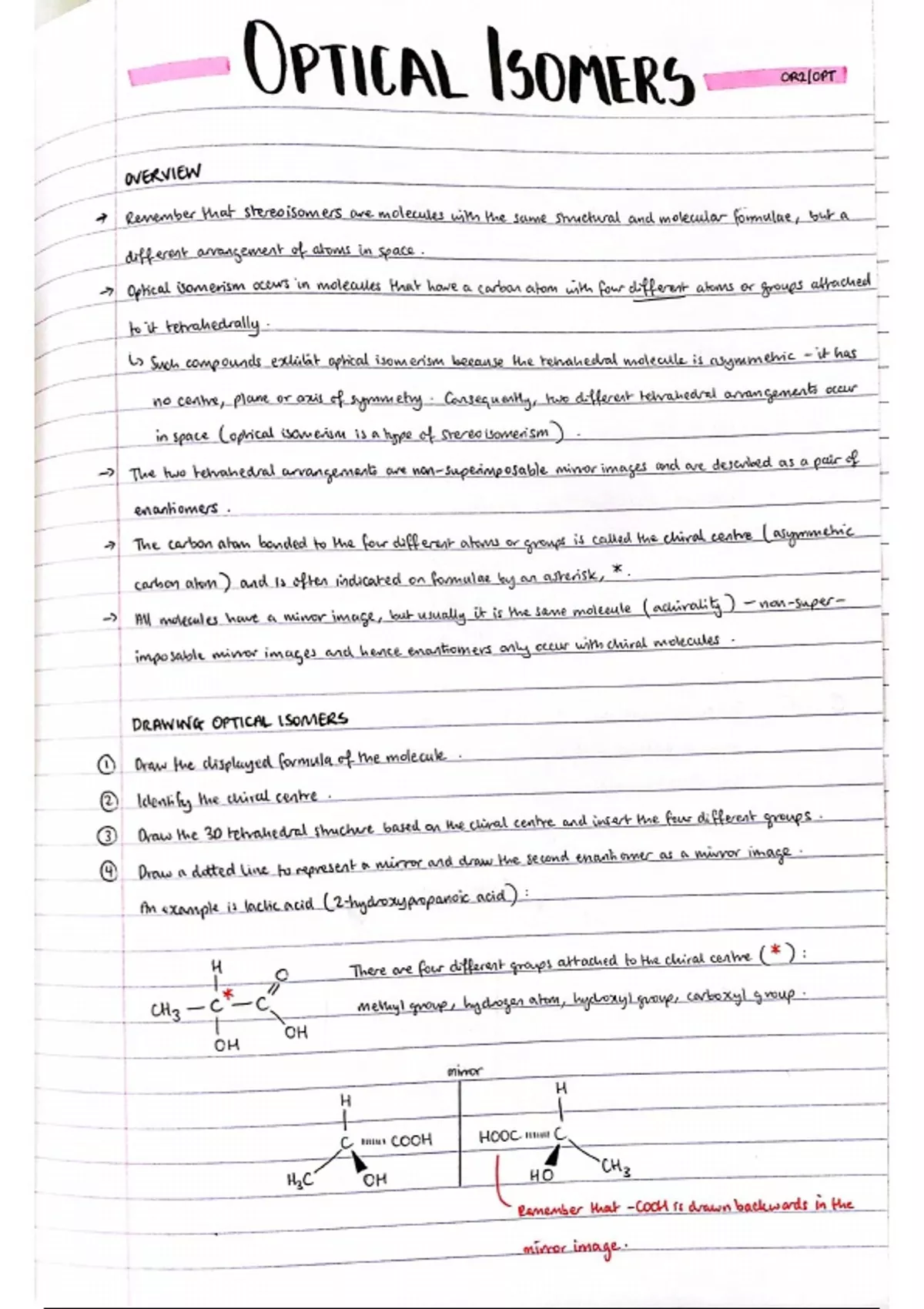 AQA A Level Chemistry Handwritten Notes Optical Isomerism Unit 3 3 AQA A Level Chemistry Handwritten Notes Optical Isomerism Unit 3 3