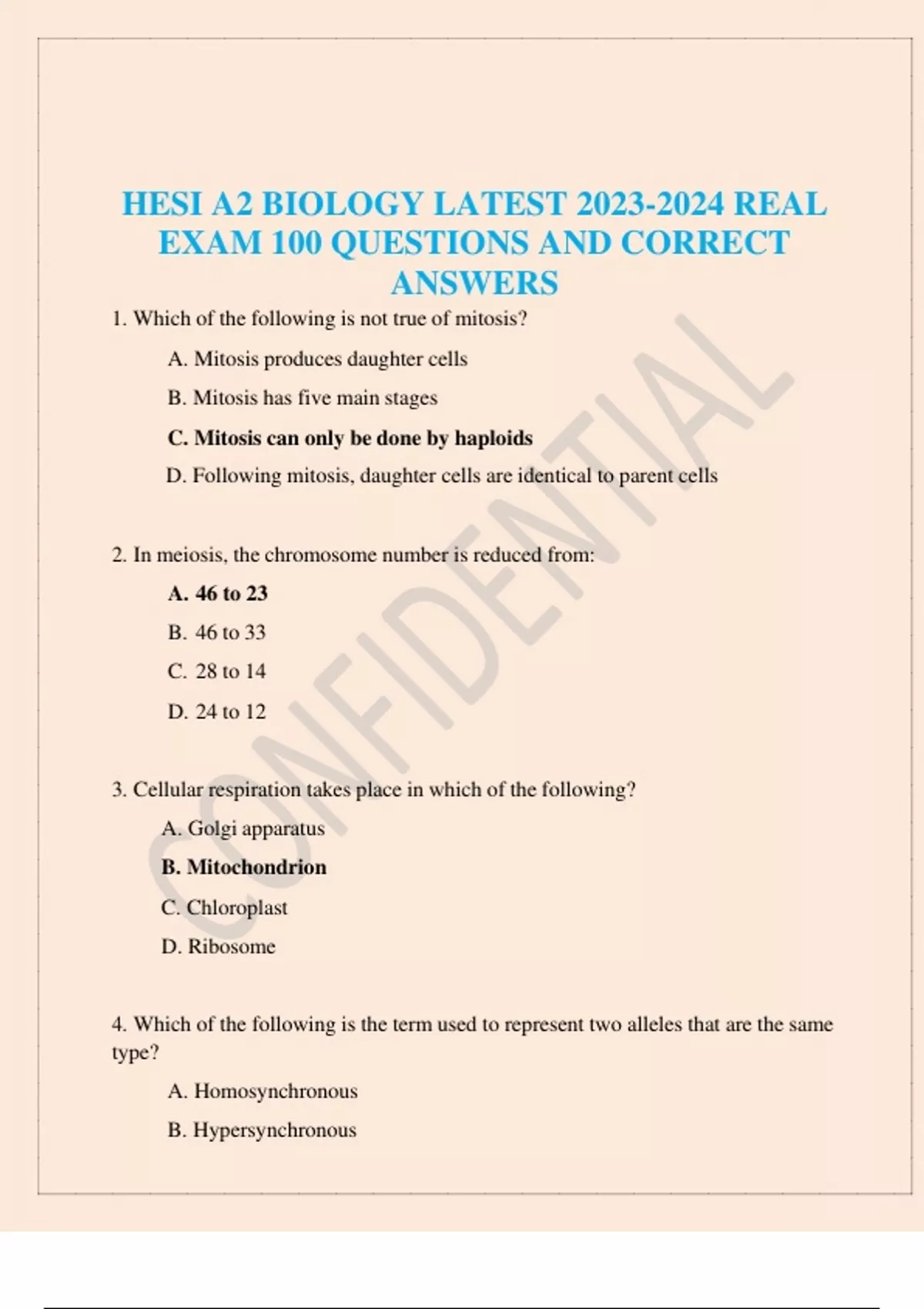 HESI A2 BIOLOGY LATEST REAL EXAM 100 QUESTIONS AND CORRECT ANSWERS ...