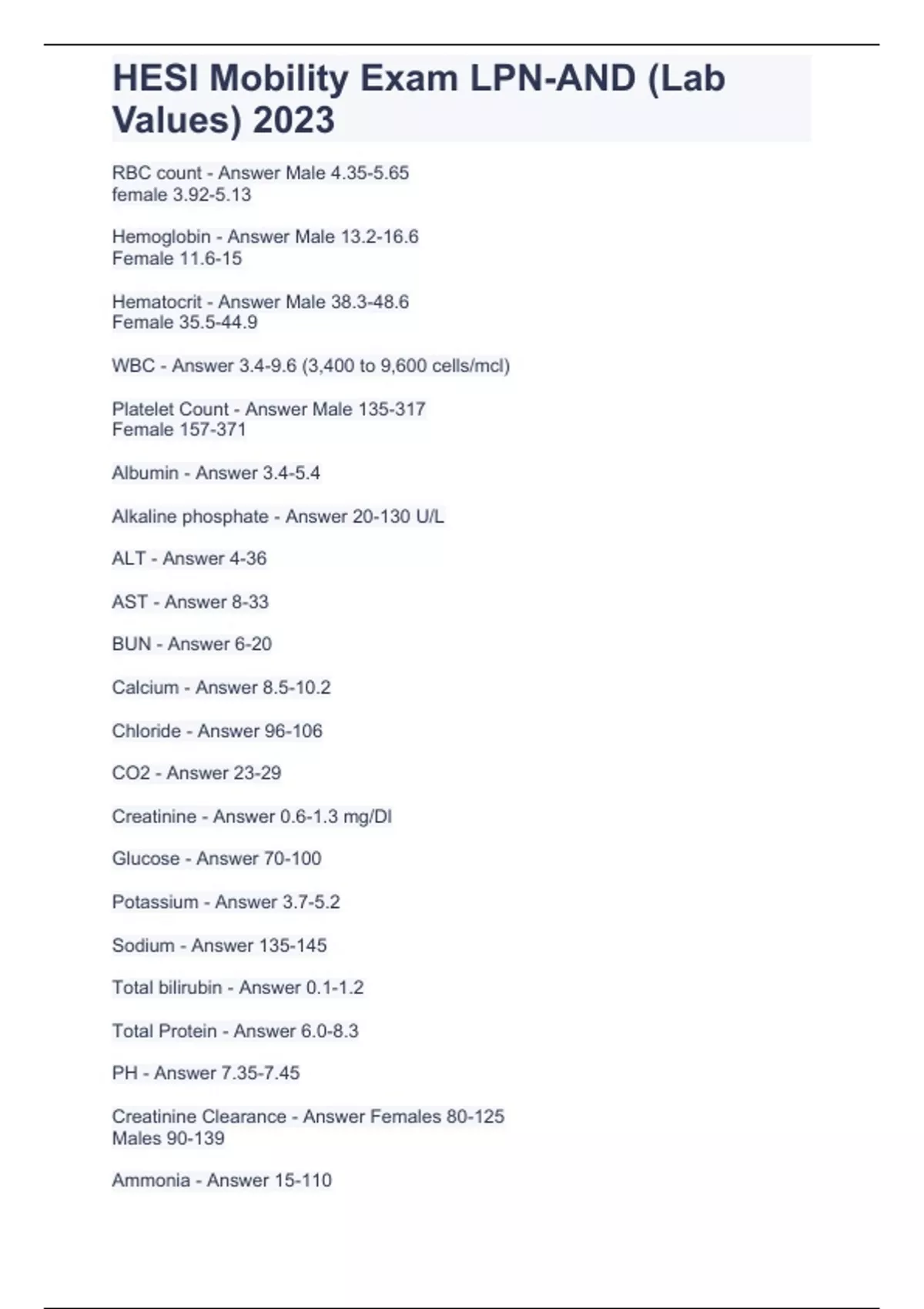 HESI Mobility Exam LPNAND (Lab Values) 2023 HESI LPN Stuvia US