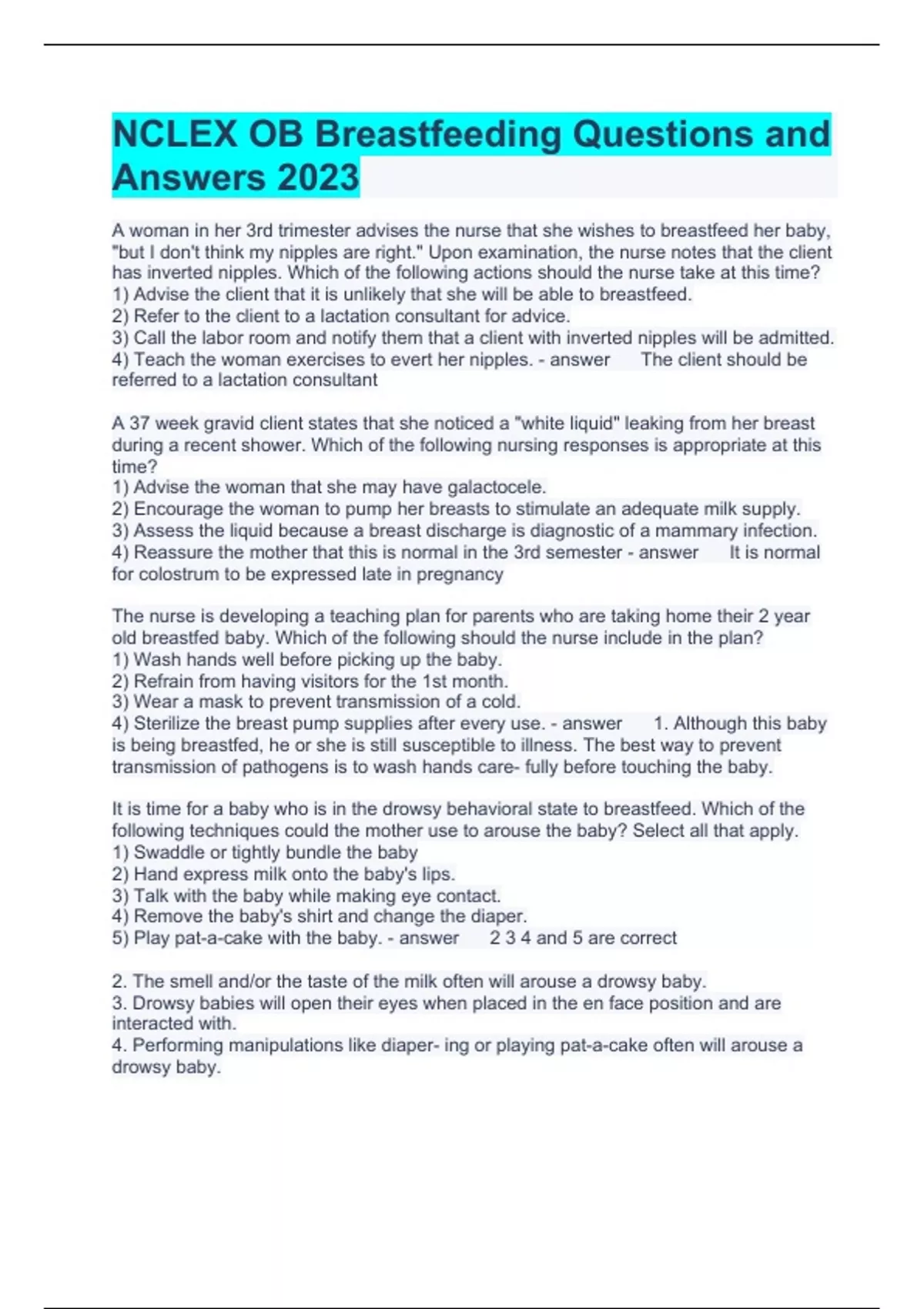 NCLEX OB Breastfeeding Questions and Answers 2023 Breastfeeding