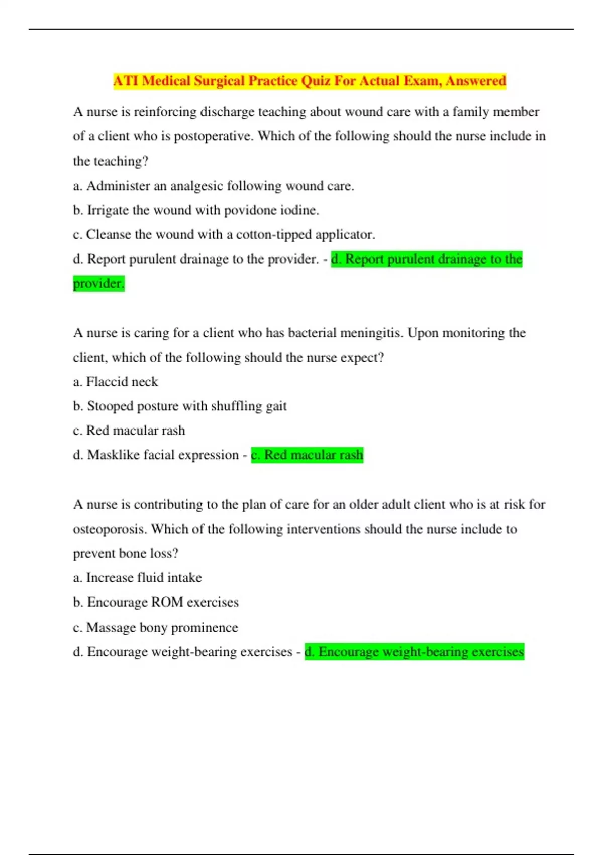 ATI Medical Surgical Practice Quiz For 2023/2024 Actual Exam, Answered