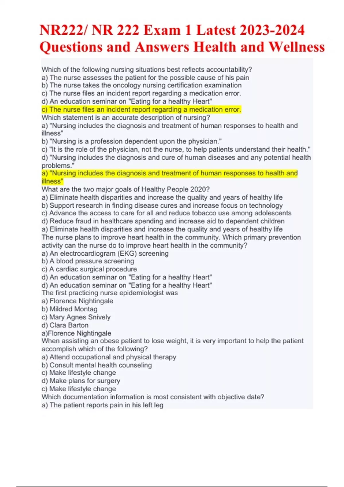 NR222/ NR 222 Exam 1 Latest Questions and Answers Health and Wellness ...