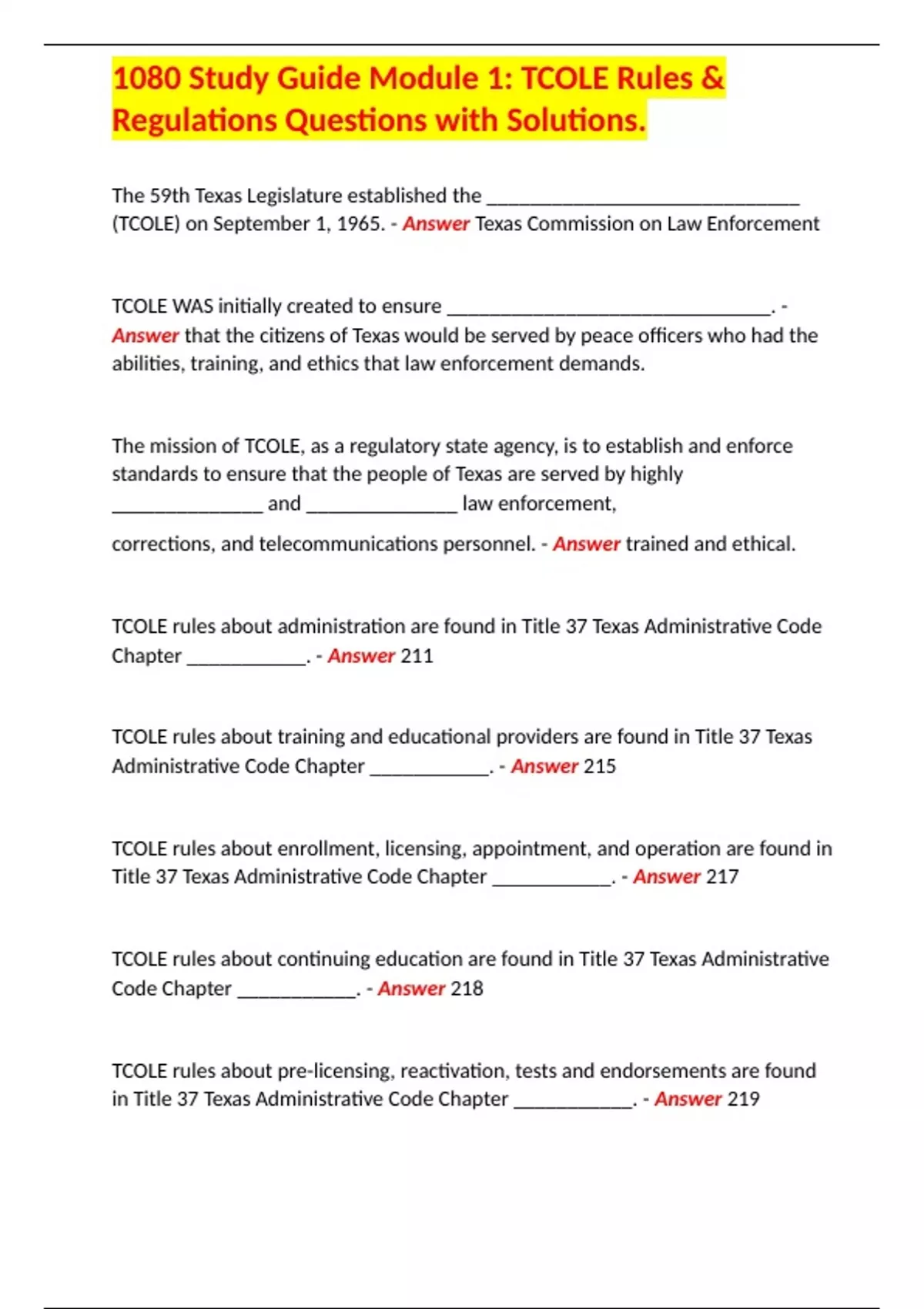 1080 Study Guide Module 1 TCOLE Rules & Regulations Questions with