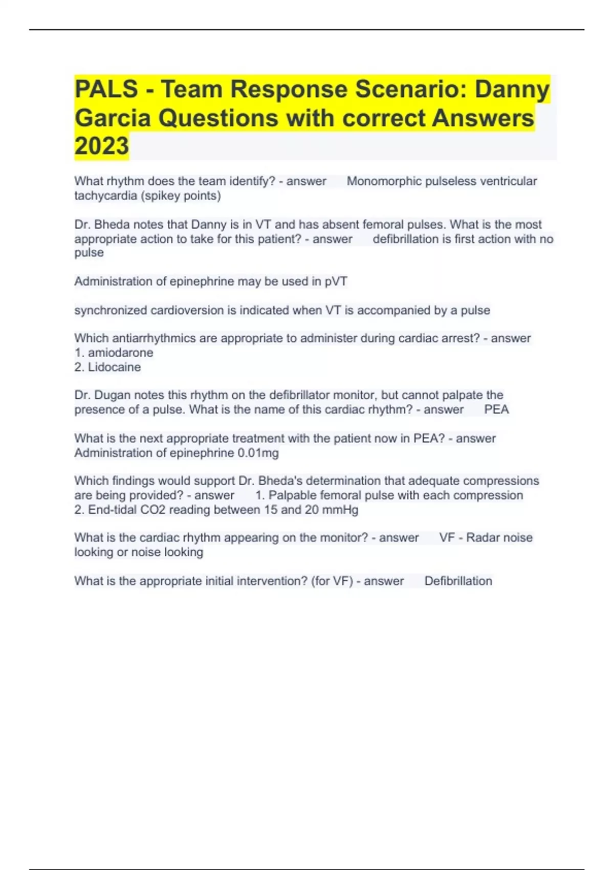 PALS - Team Response Scenario: Danny Garcia Questions with correct