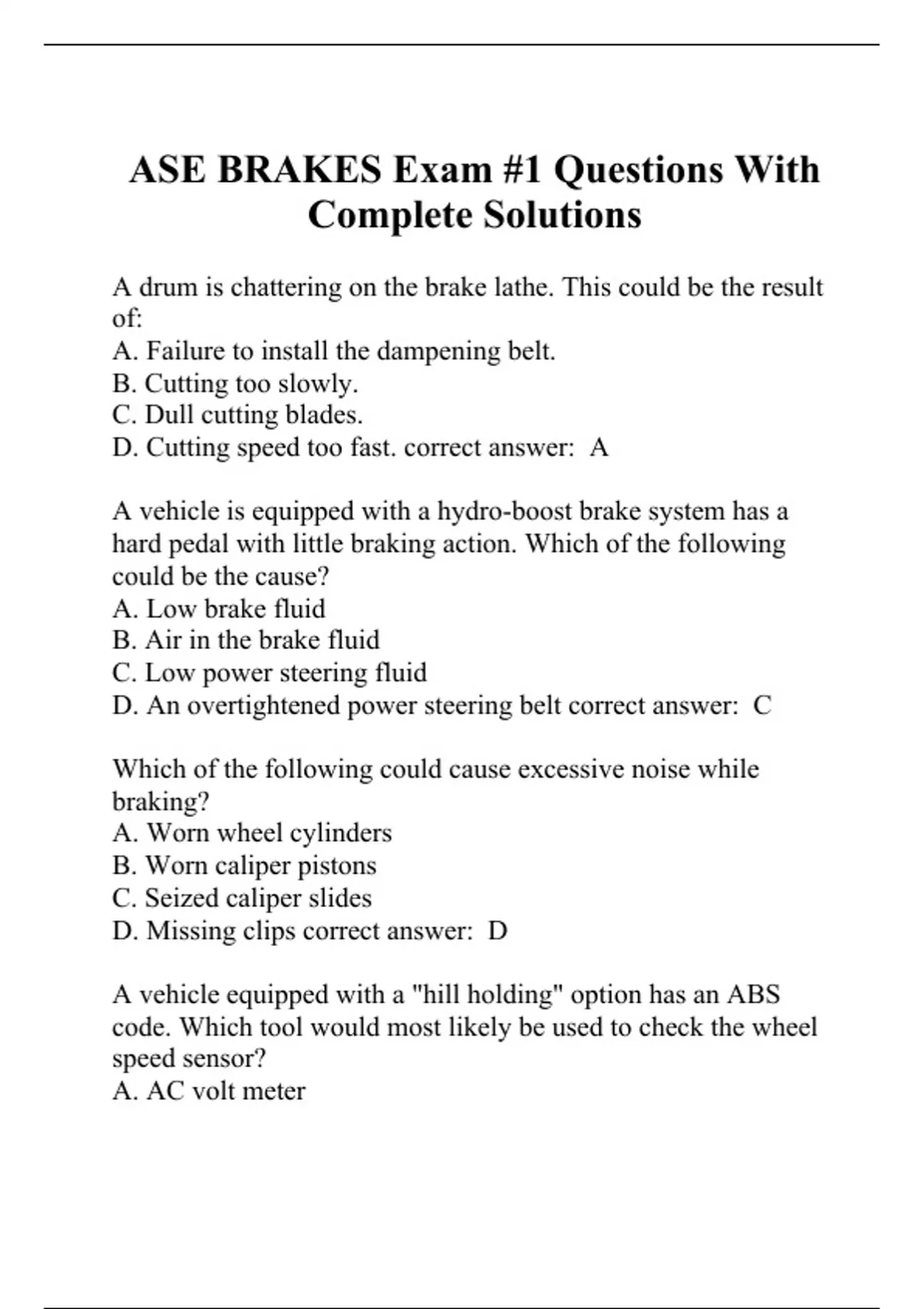 ASE BRAKES Exam #1 Questions With Complete Solutions - BRAKES - Stuvia US