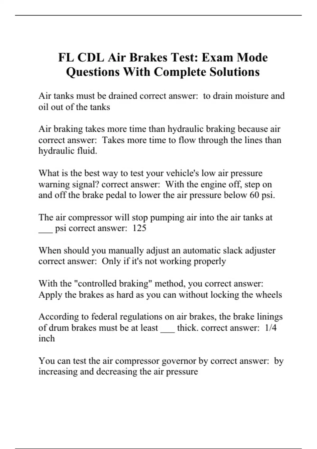FL CDL Air Brakes Test Exam Mode Questions With Complete Solutions