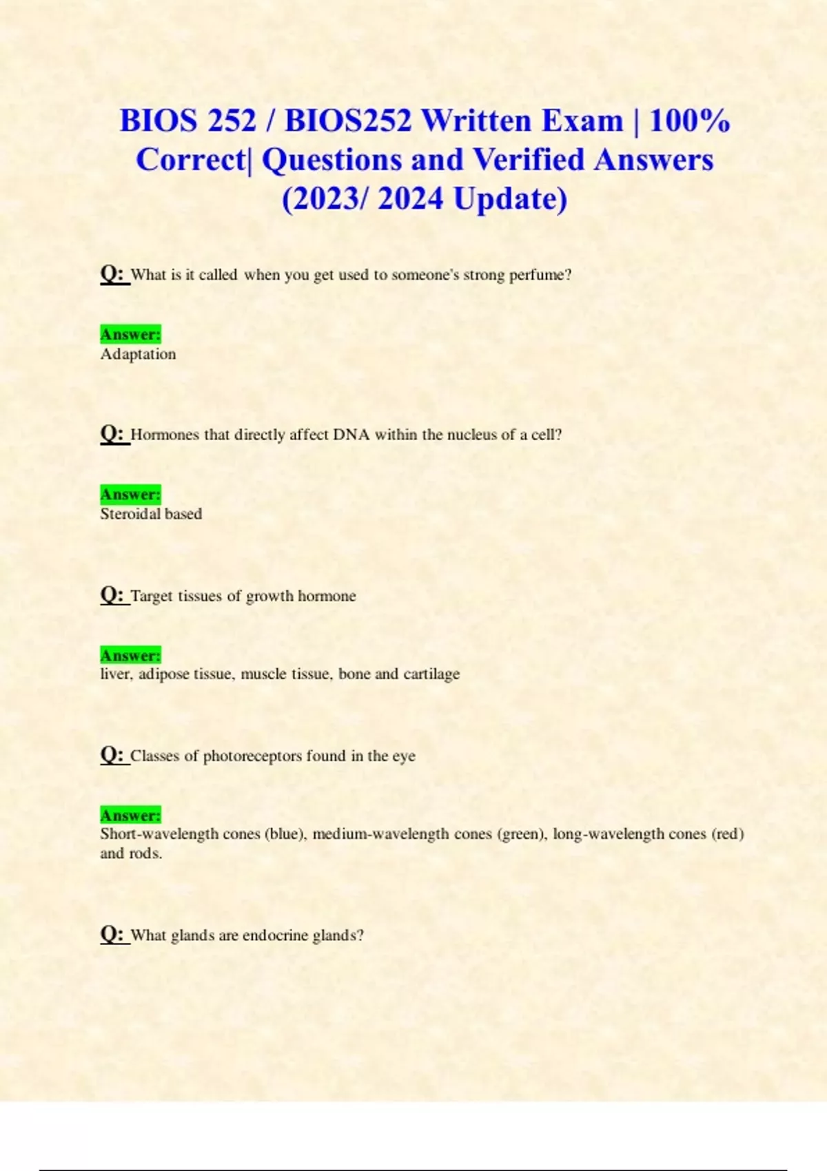 BIOS 252 / BIOS252 Written Exam | 100% Correct| Questions and Verified ...