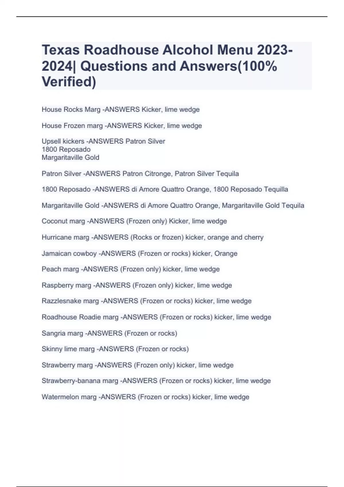 Texas Roadhouse Alcohol Menu Questions and Answers(100 Verified