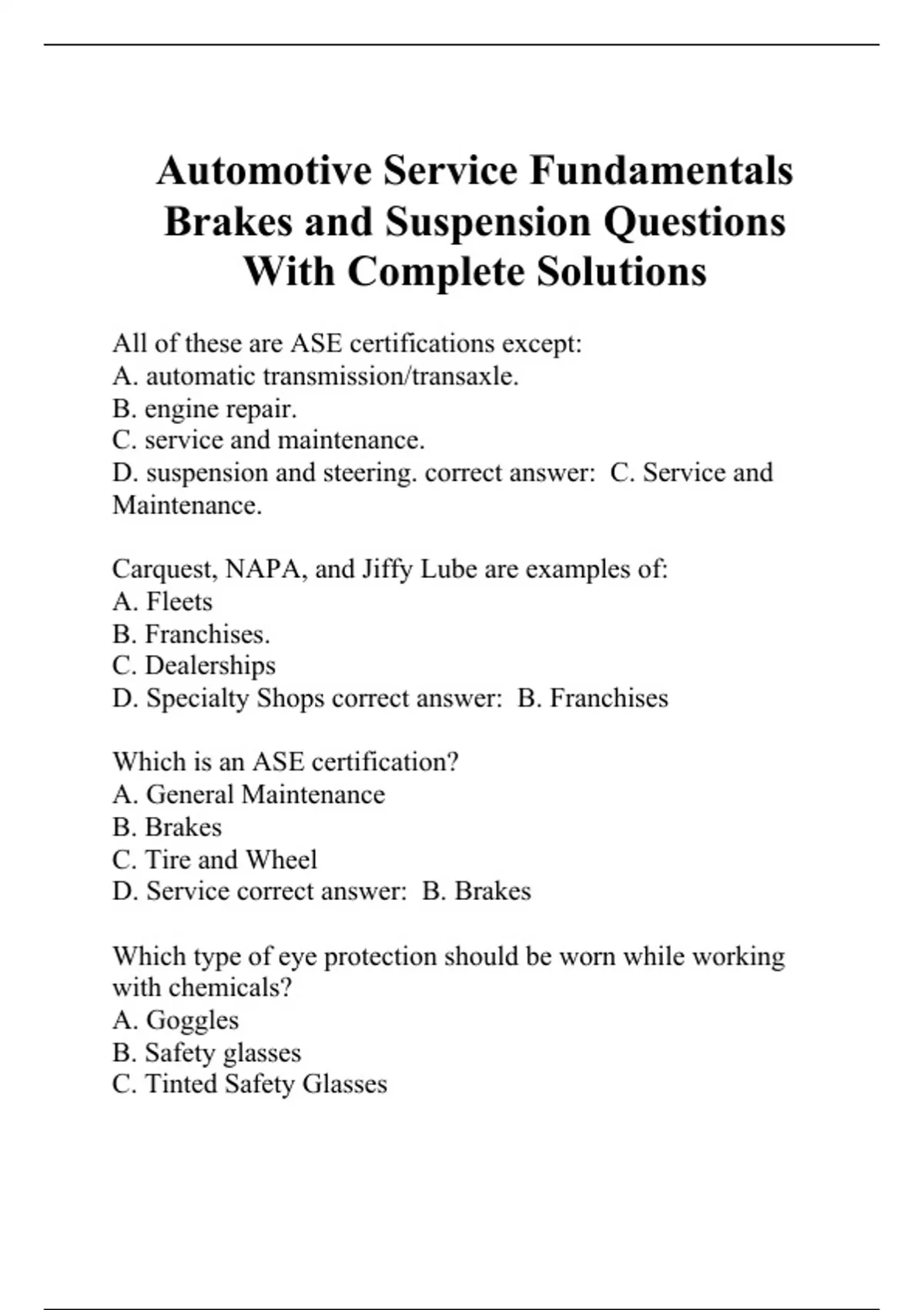 Automotive Service Fundamentals Brakes and Suspension Questions With