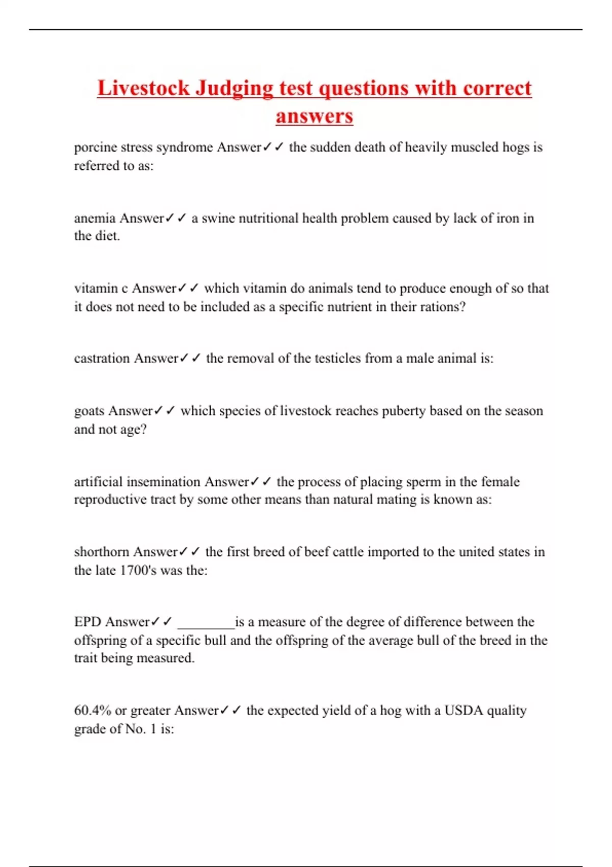 Livestock Judging test questions with correct answers Livestock