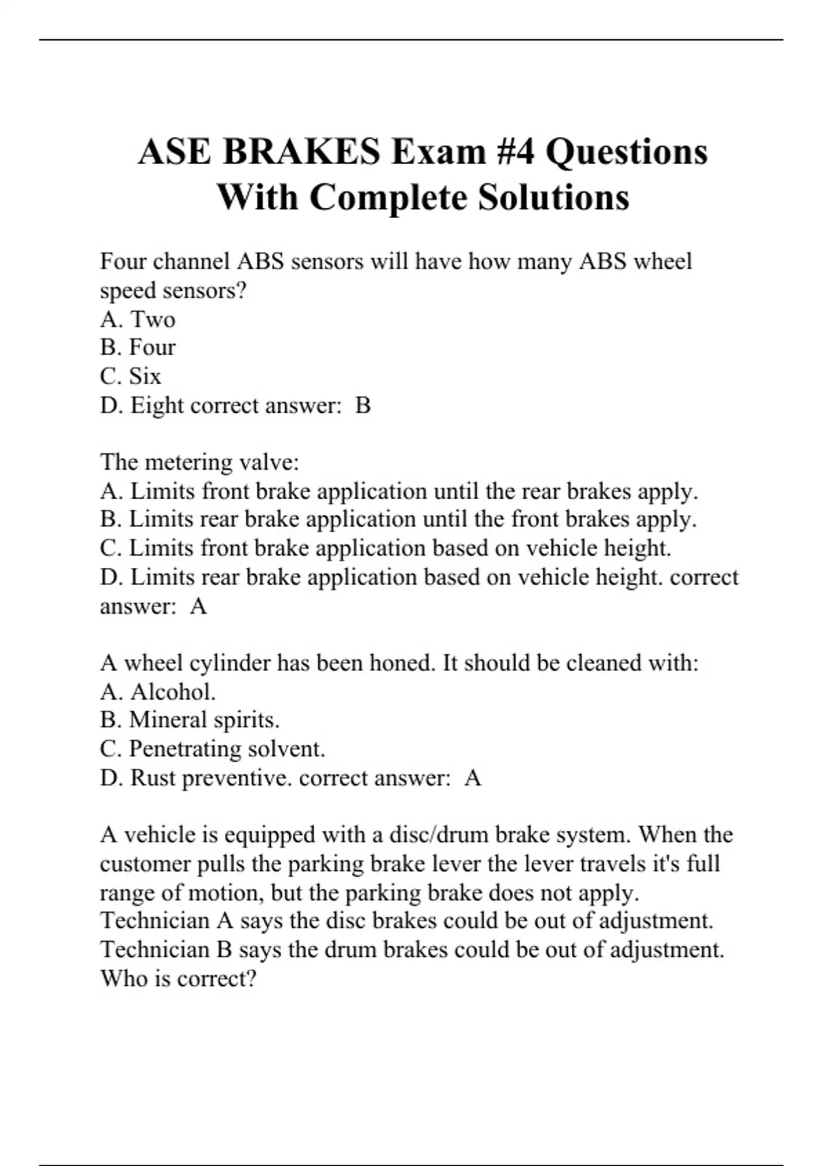 ASE BRAKES Exam 4 Questions With Complete Solutions Brakes Stuvia US