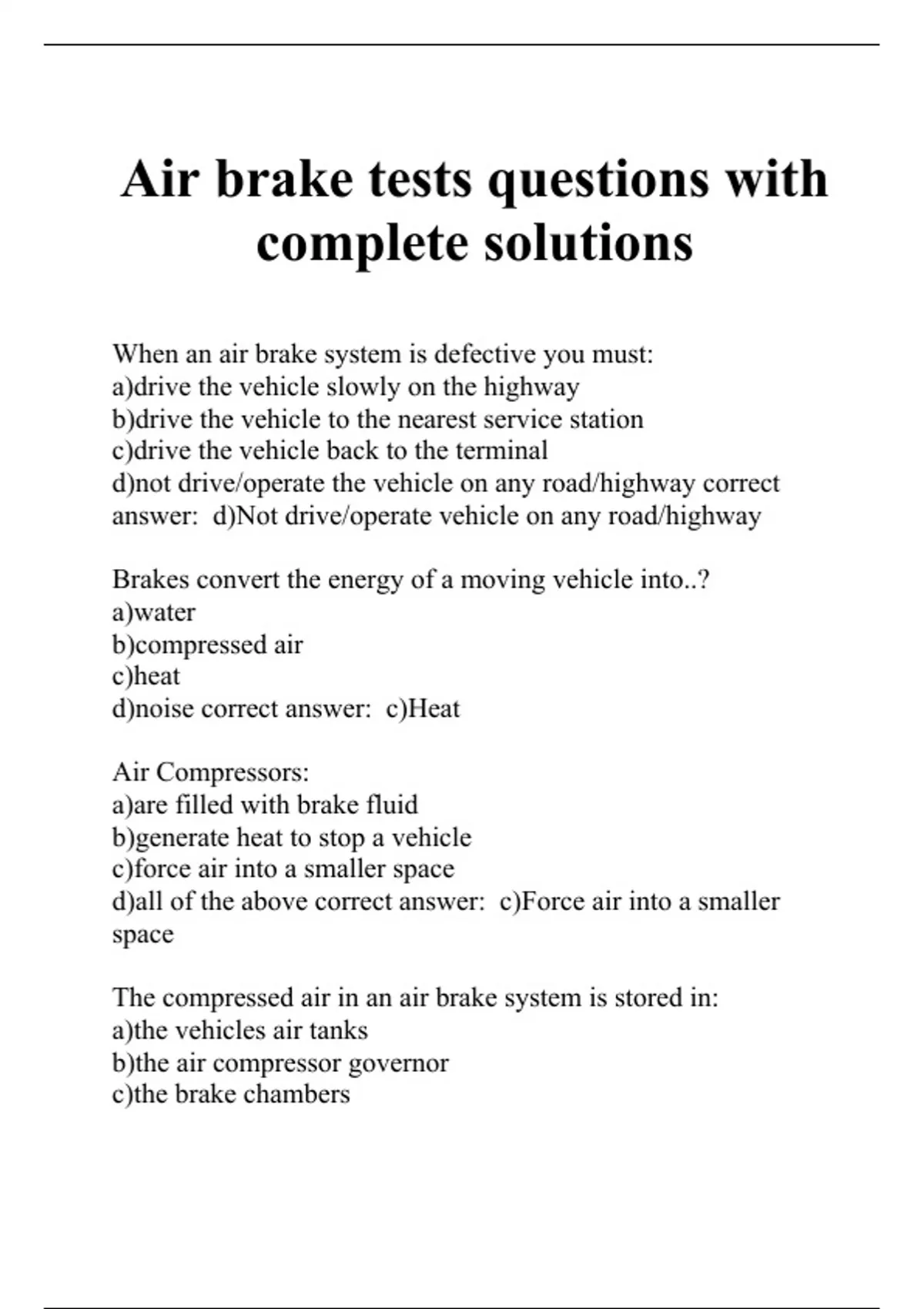 Air brake tests questions with complete solutions Brakes Stuvia US