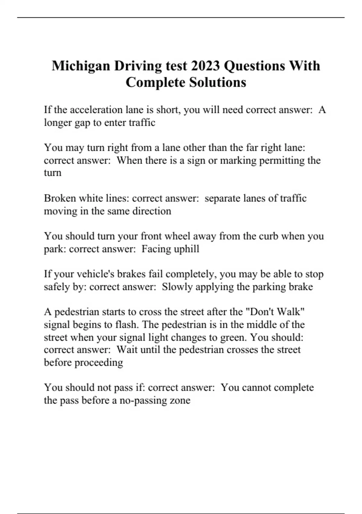 Michigan Driving test 2023 Questions With Complete Solutions Michigan