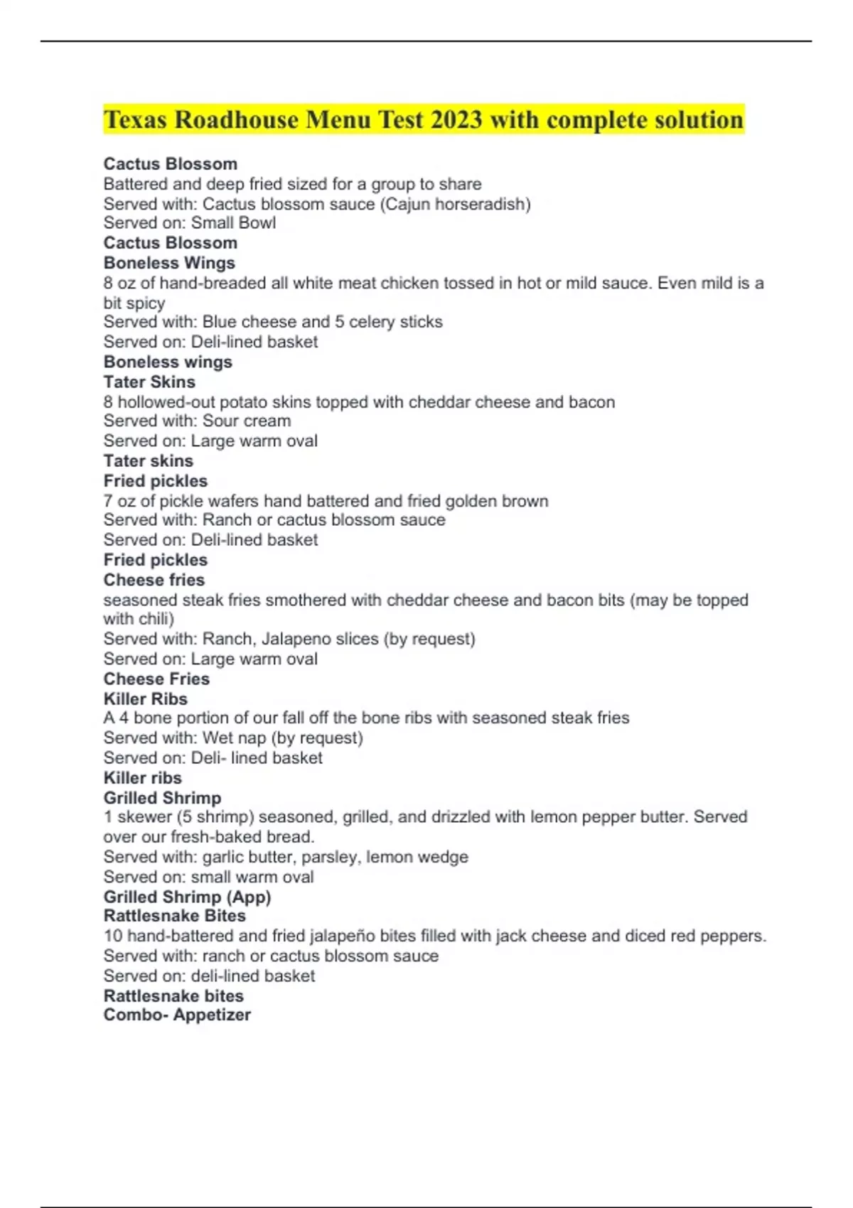 Texas Roadhouse Menu Test 2023 with complete solution Texas roadhouse Stuvia US