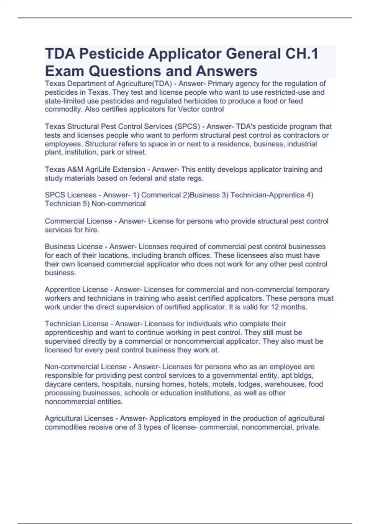 TDA Pesticide Applicator General CH.1 Exam Questions and Answers TDA
