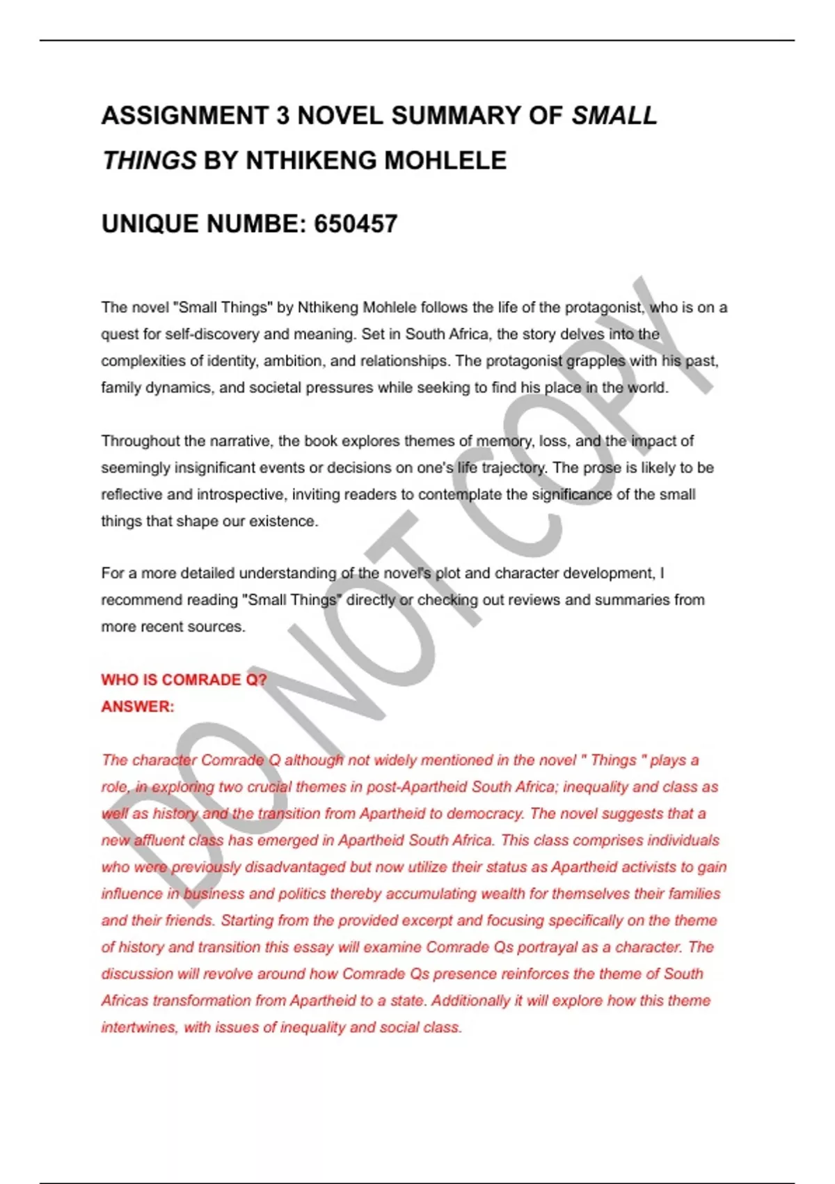 Summary Small Things ENG1501 Foundations In English Literary