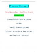 Pearson Edexcel Merged Question Paper + Mark Scheme (Results) Summer 2022 Pearson Edexcel GCSE In History  (1HIA) Paper B2: British depth study Option B2: The reigns of King Richard I  and King John, 1189–1216 Centre Number Candidate Number *P68668A0112*