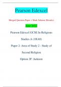 Pearson Edexcel Merged Question Paper + Mark Scheme (Results) June 2022 Pearson Edexcel GCSE In Religious  Studies A (1RA0) Paper 2: Area of Study 2 - Study of  Second Religion Option 2F: Judaism Centre Number Candidate Number *P71242A0112* Turn over  Tot