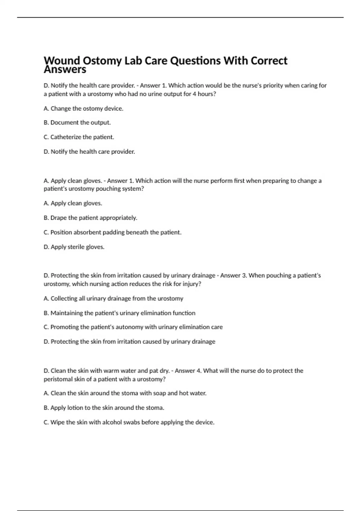Wound Ostomy Lab Care Questions With Correct Answers Wound Ostomy