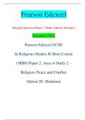 Pearson Edexcel Merged Question Paper + Mark Scheme (Results) Summer 2022 Pearson Edexcel GCSE In Religious Studies B Short Course  (3RB0) Paper 2: Area of Study 2 – Religion, Peace and Conflict Option 2E: Hinduism Centre Number Candidate Number *P71273A0