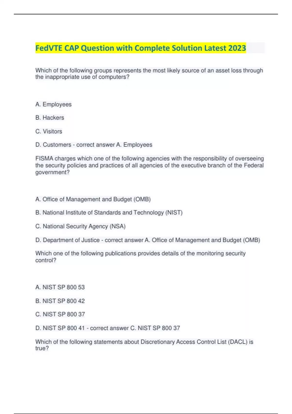 FedVTE CAP Question with Complete Solution Latest 2023 FedVTE Stuvia US