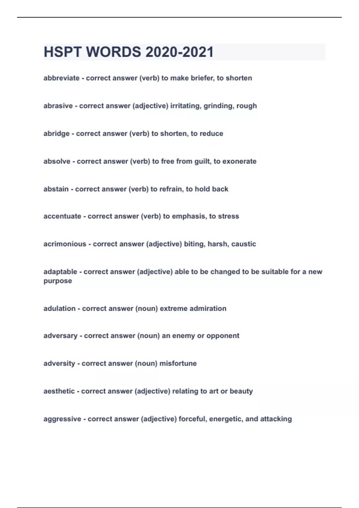 HSPT WORDS |UPDATED&VERIFIED|100% SOLVED|GUARANTEED SUCCESS - HSPT ...