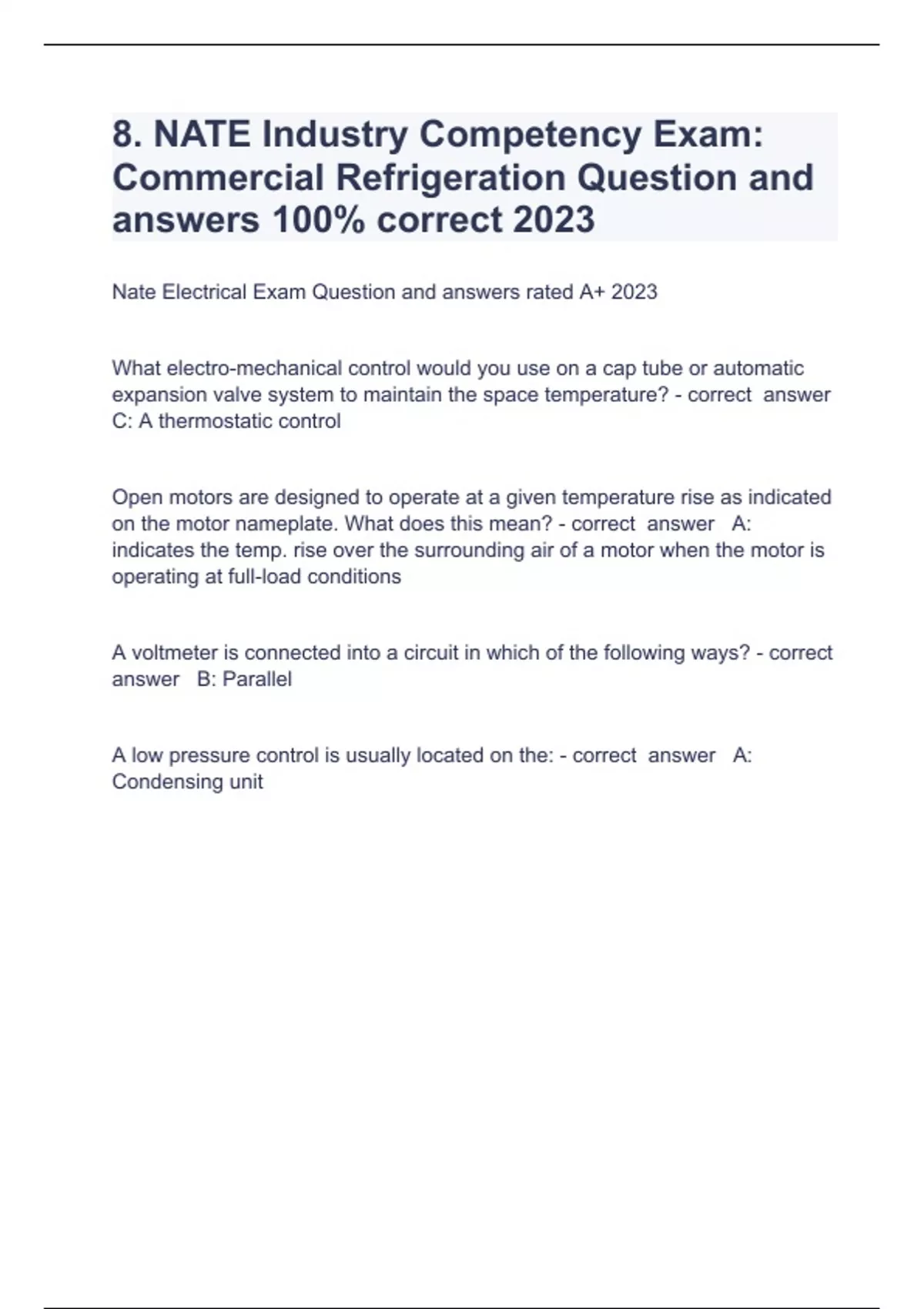 8. NATE Industry Competency Exam Commercial Refrigeration Question and answers 100 correct