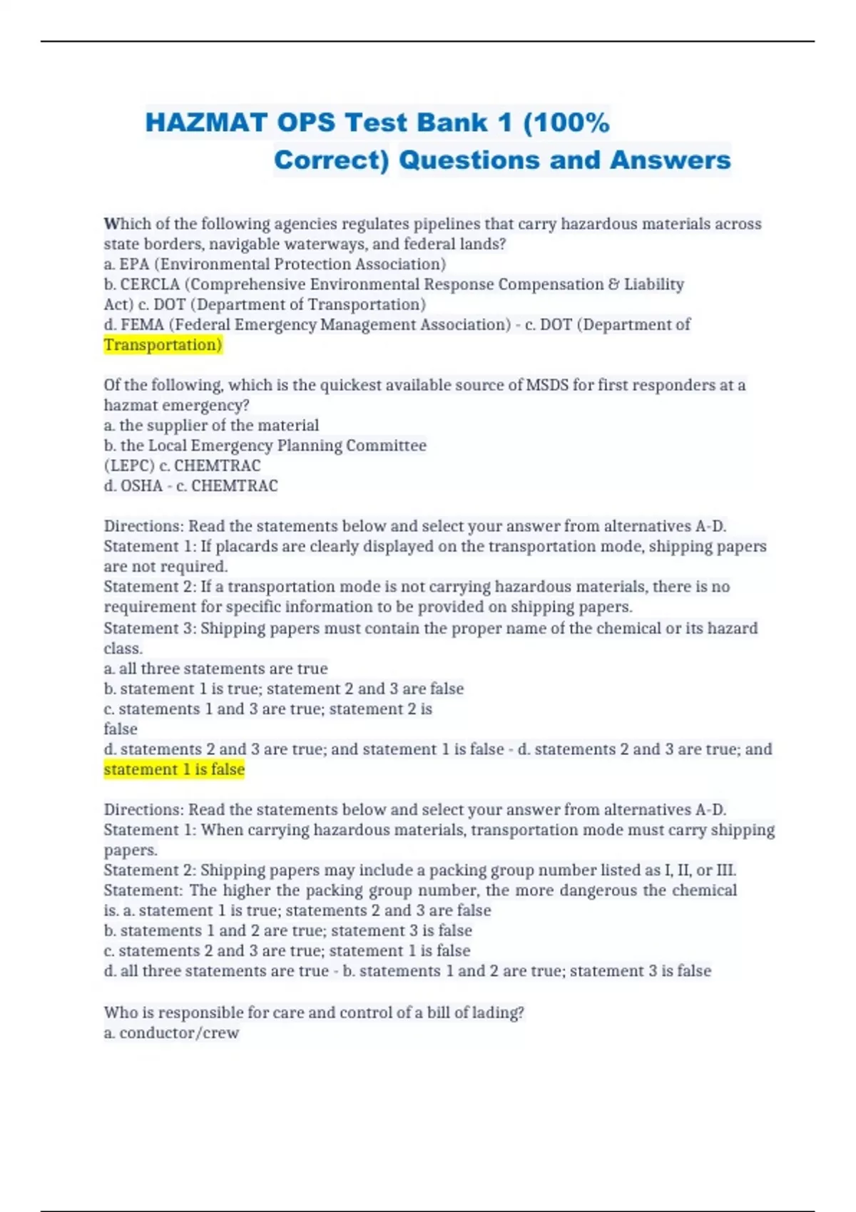 HAZMAT OPS Test Bank 1 (100 Correct) Questions and Answers HAZMAT Stuvia US