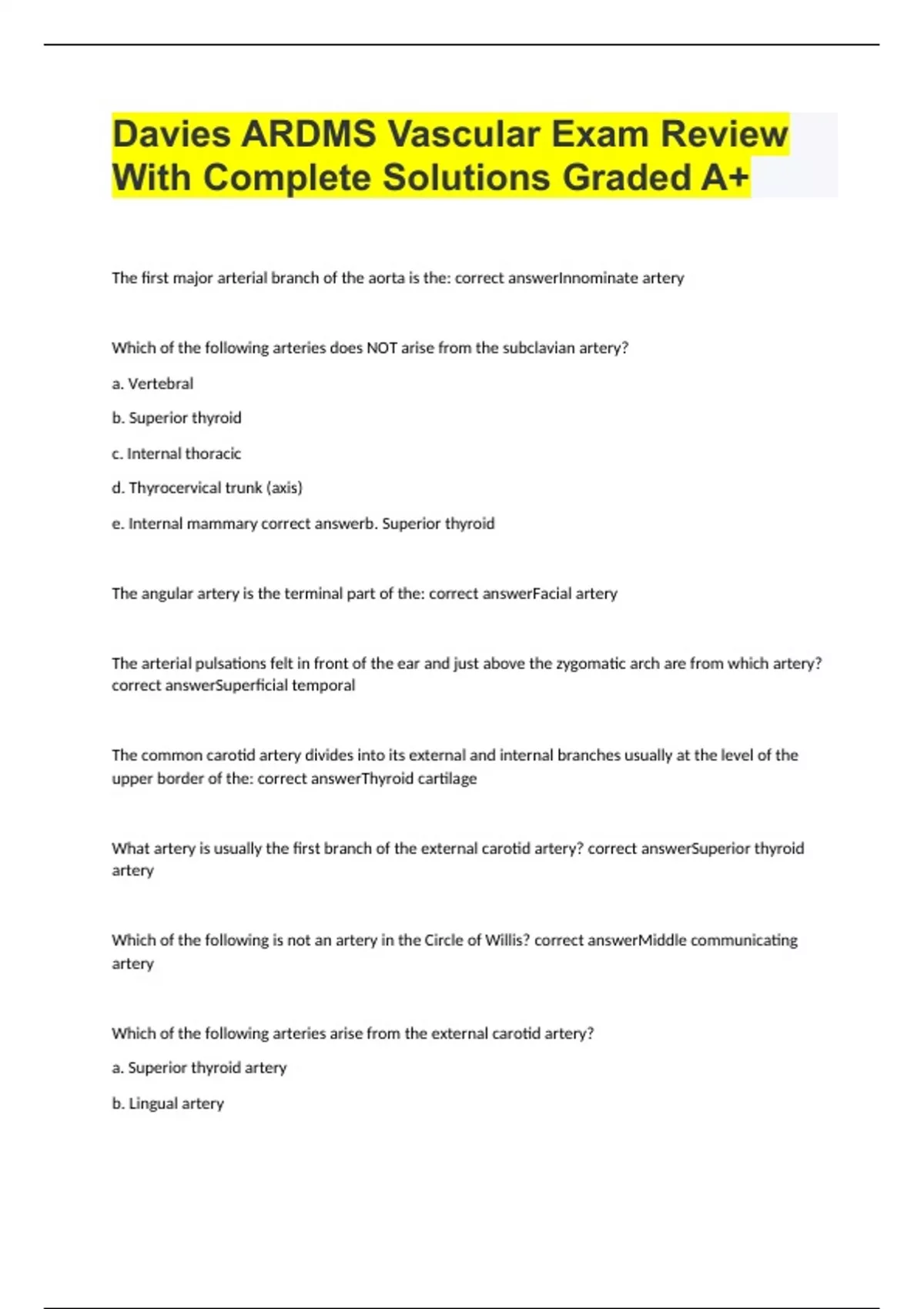 Davies ARDMS Vascular Exam Review With Complete Solutions Graded A+ The