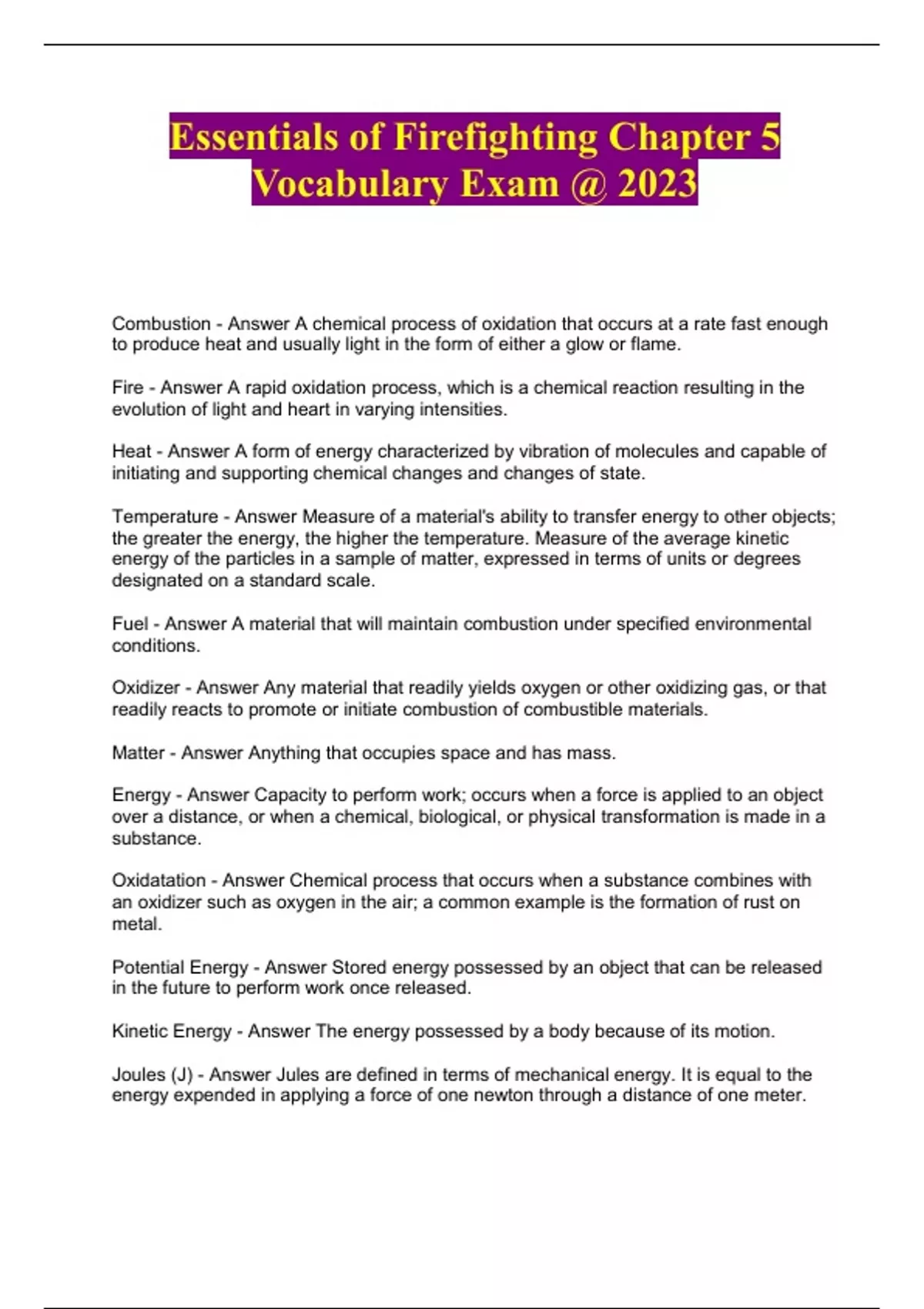 Essentials of Firefighting Chapter 5 Vocabulary Exam 2023