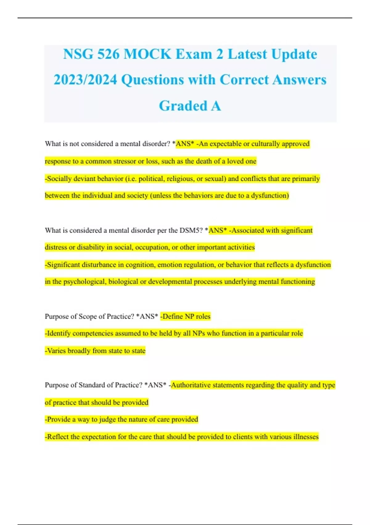 NSG 526 MOCK Exam 2 Latest Update 2023/2024 Questions with Correct ...