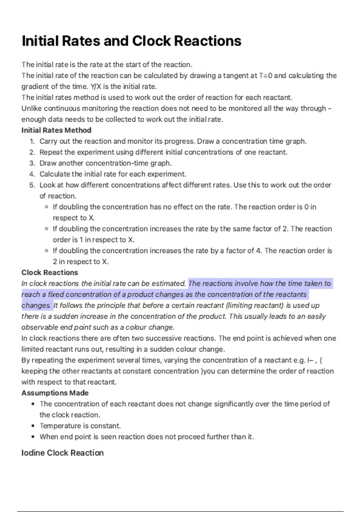 Summary ALEVEL CHEMISTRY Initial Rates and Clock Reactions Practical