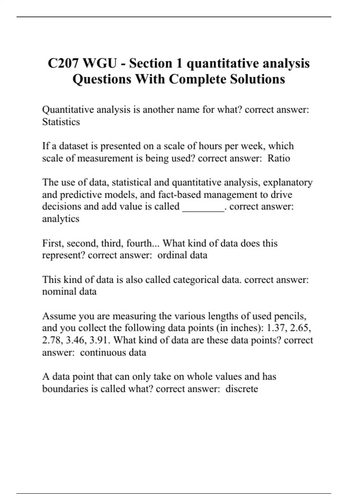 C207 WGU - Section 1 quantitative analysis Questions With Complete ...