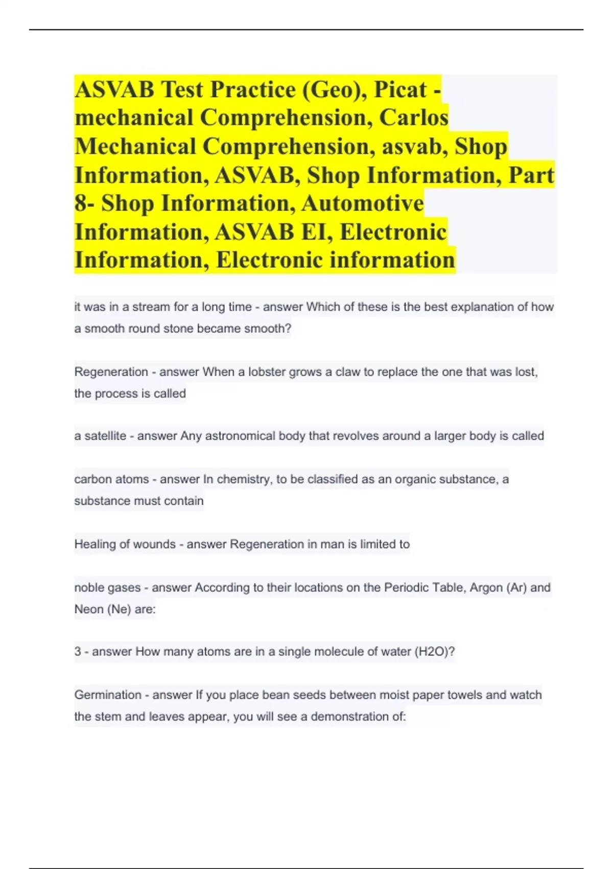 ASVAB Test Practice (Geo), Picat mechanical Comprehension, Carlos