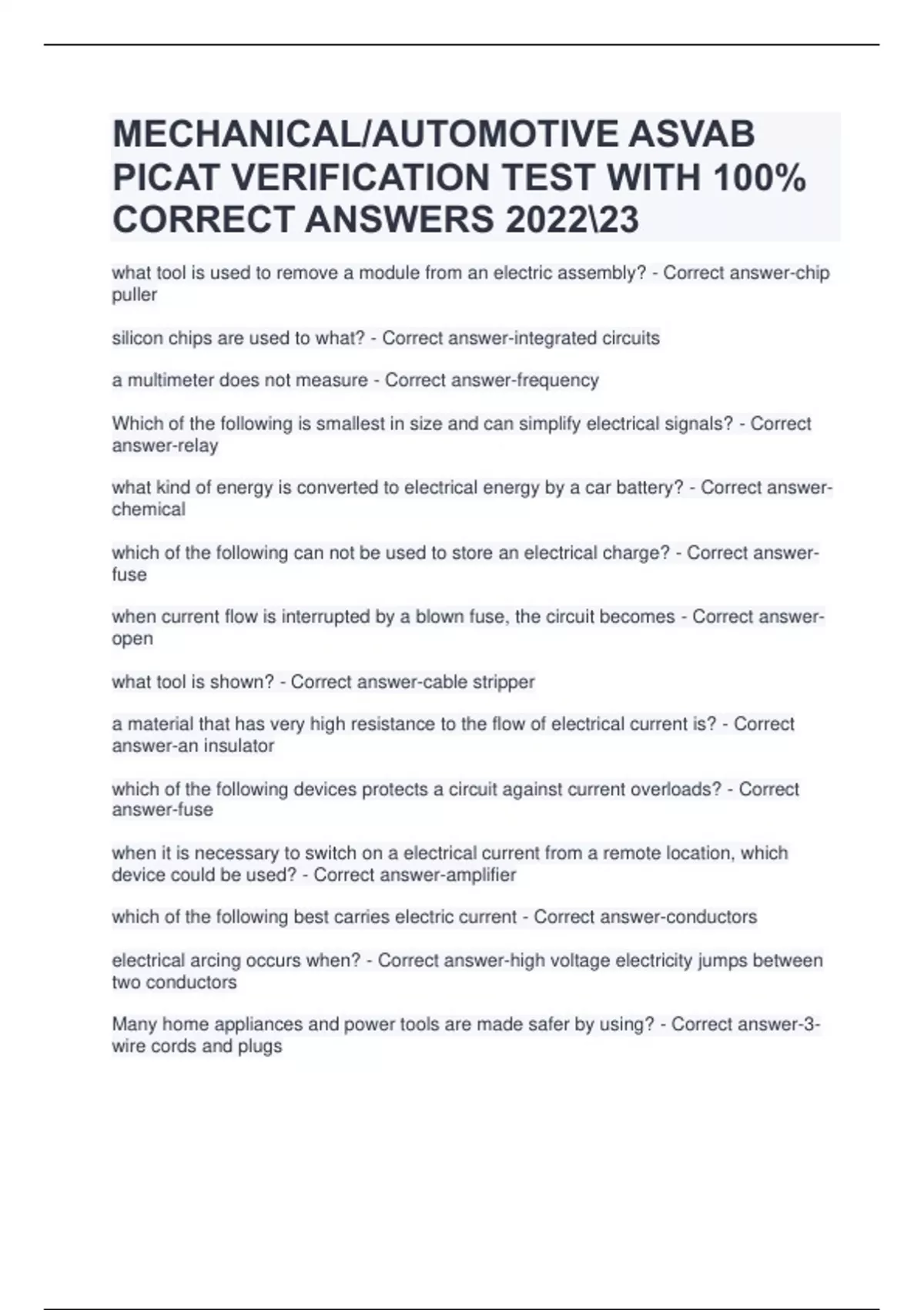 MECHANICAL/AUTOMOTIVE ASVAB PICAT VERIFICATION TEST WITH 100 CORRECT