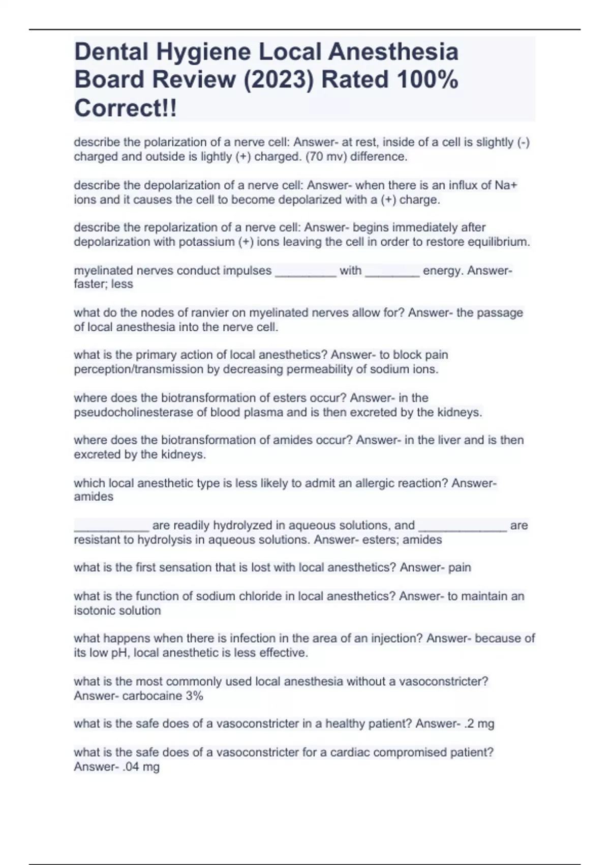 Dental Hygiene Local Anesthesia Board Review (2023) Rated 100 Correct