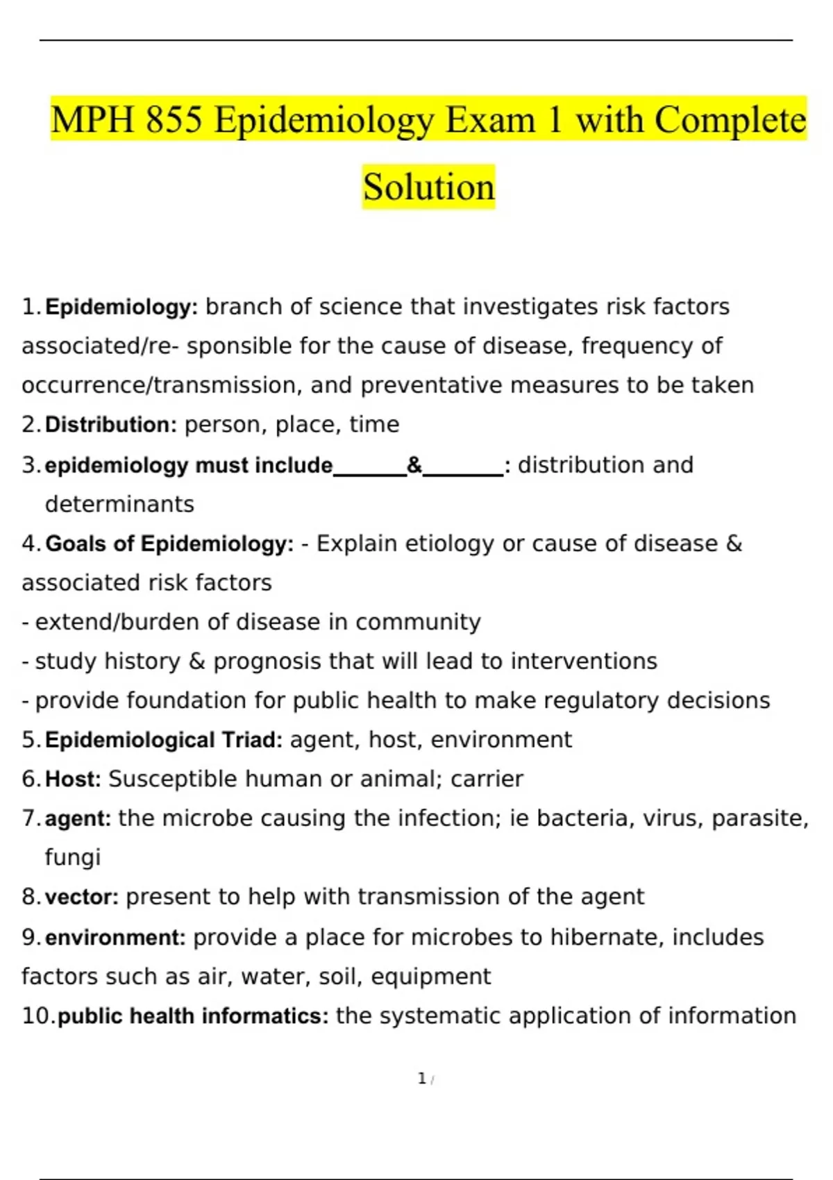 MPH 855 Epidemiology Exam 1 with complete solution MPH Master of
