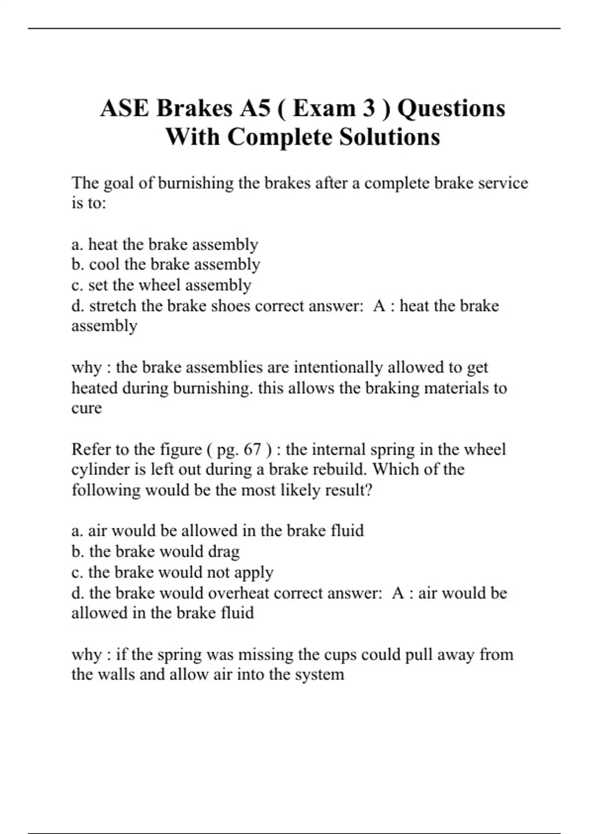 ASE Brakes A5 ( Exam 3 ) Questions With Complete Solutions - BRAKES ...