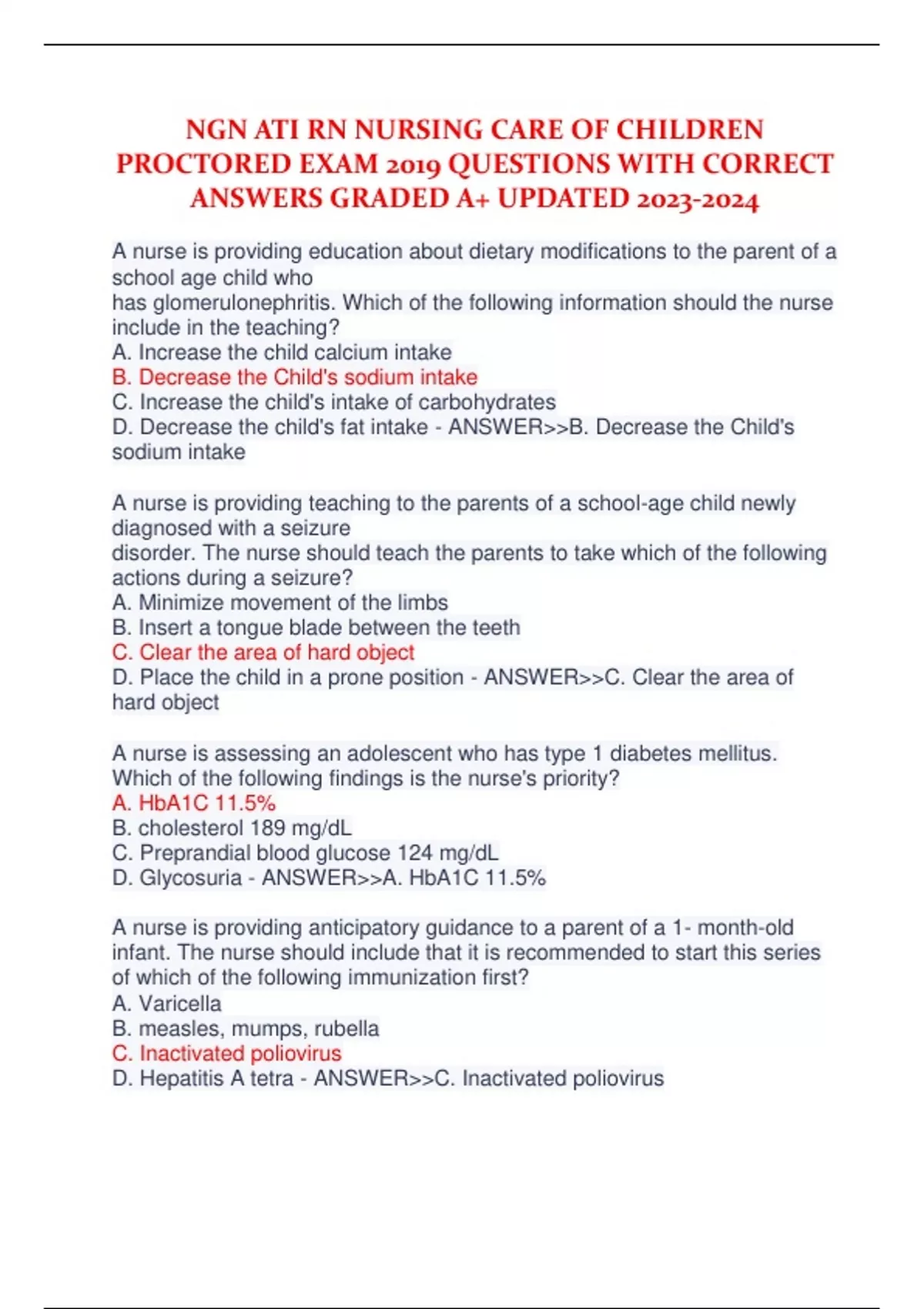 NGN ATI RN NURSING CARE OF CHILDREN PROCTORED EXAM 2019 QUESTIONS WITH ...