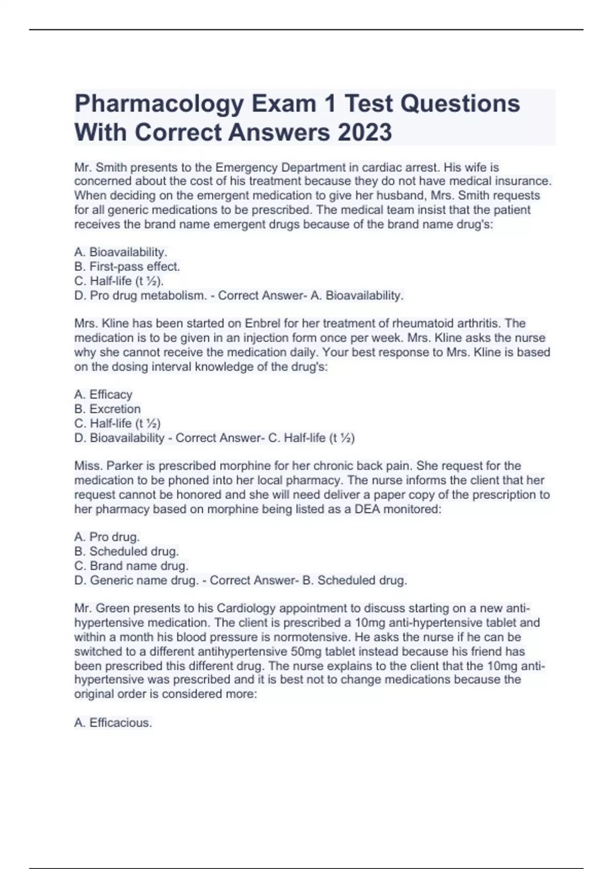 Pharmacology Exam 1 Test Questions With Correct Answers 2023 - Nursing ...