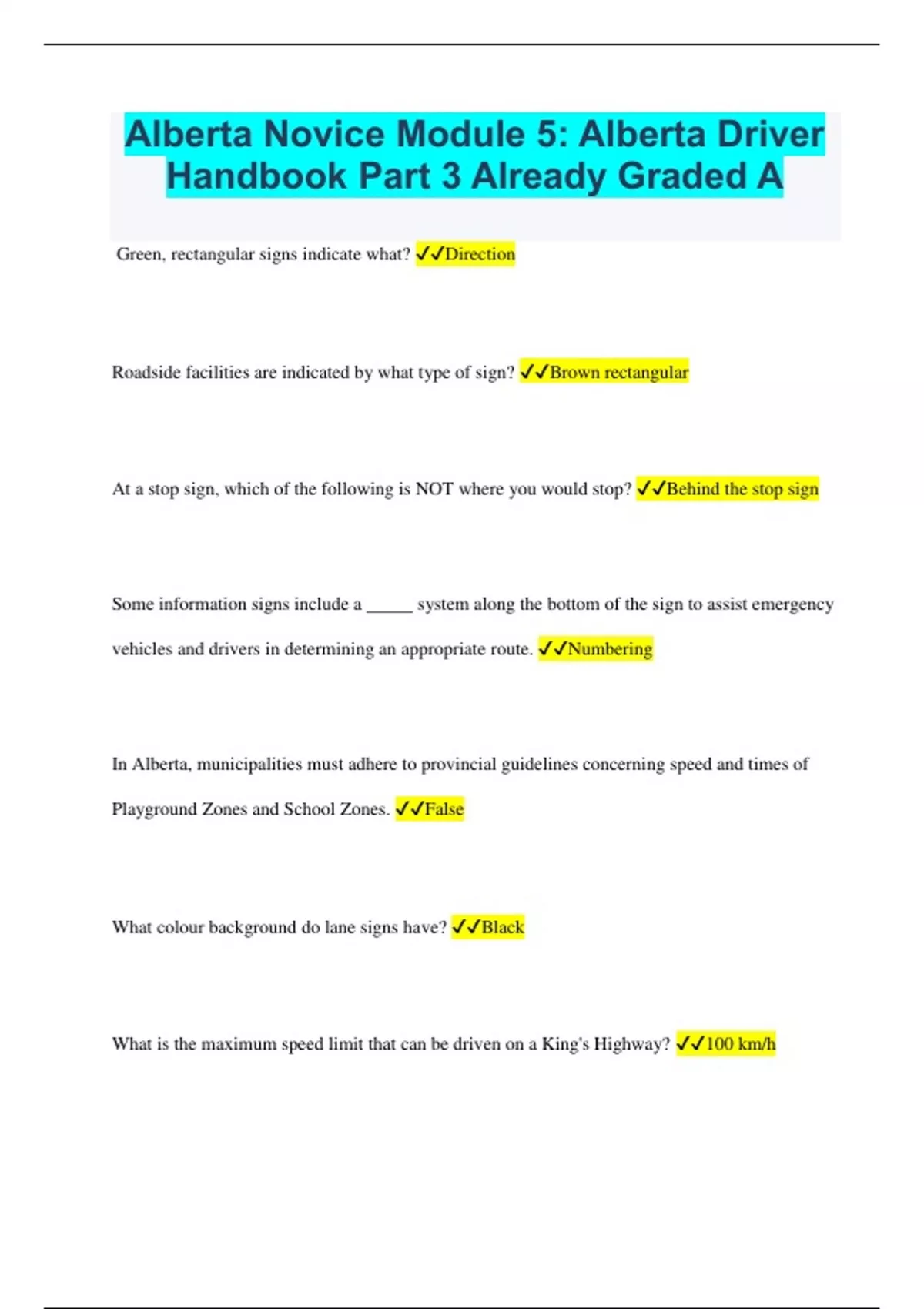 Alberta Novice Module 5: Alberta Driver Handbook Part 3 Already Graded ...