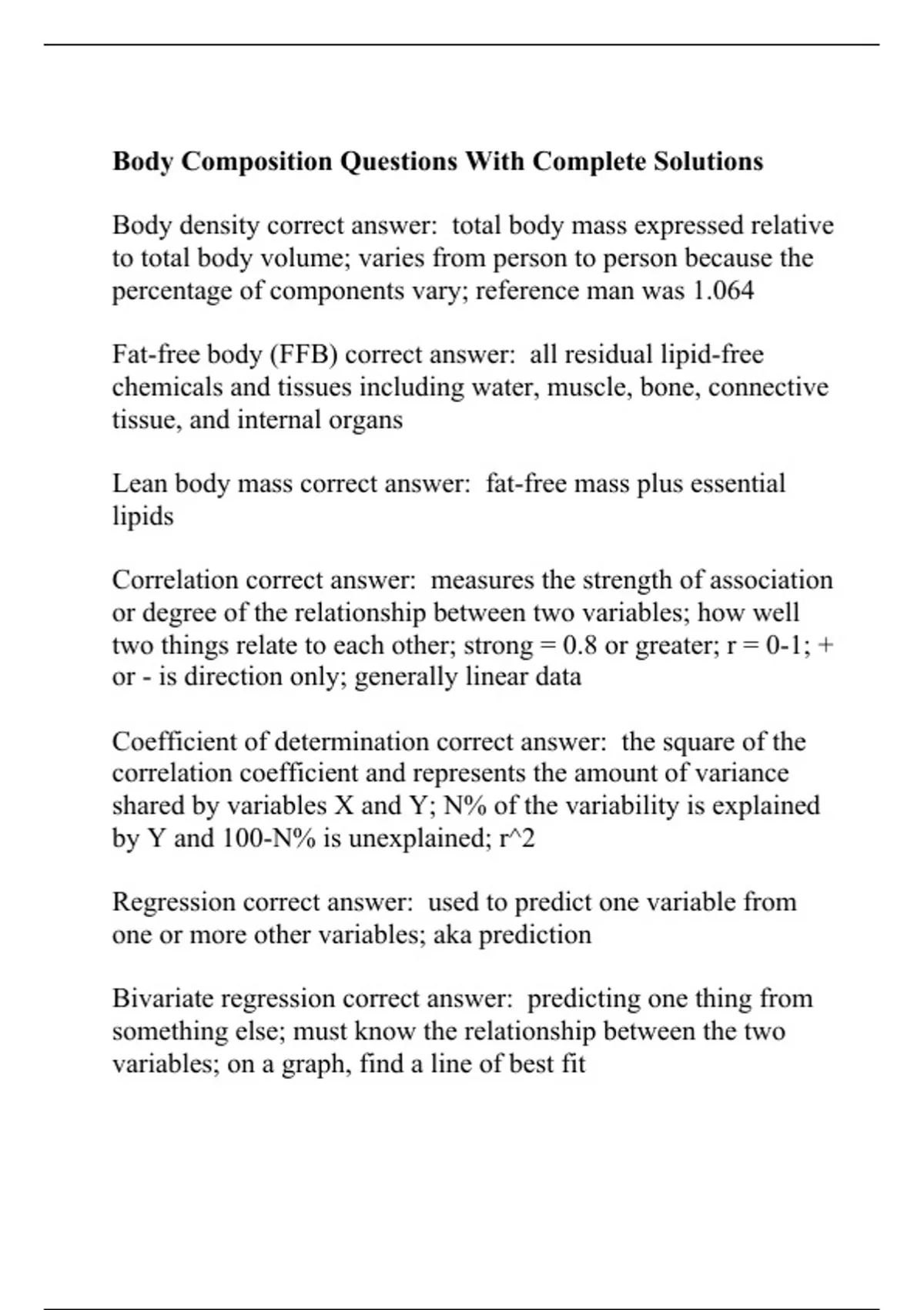 Body Composition Questions With Complete Solutions Body Composition