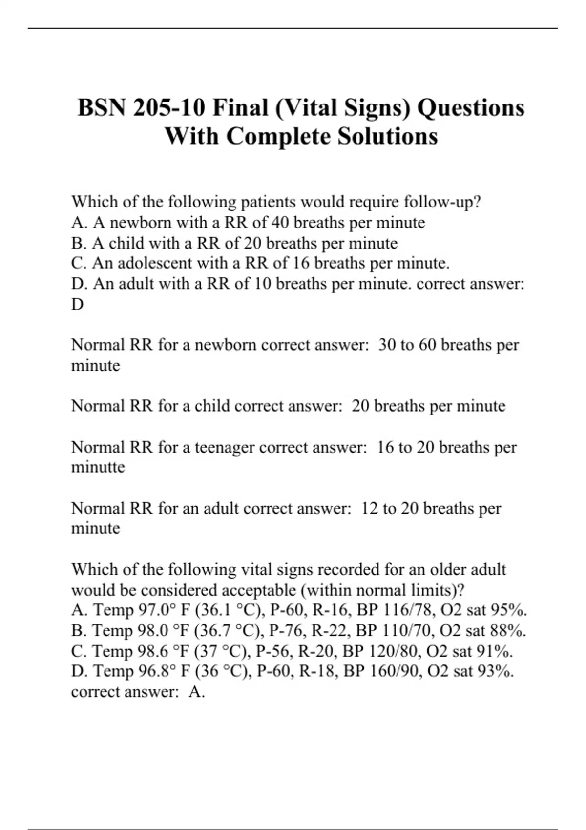 BSN 205-10 Final (Vital Signs) Questions With Complete Solutions - BSN ...